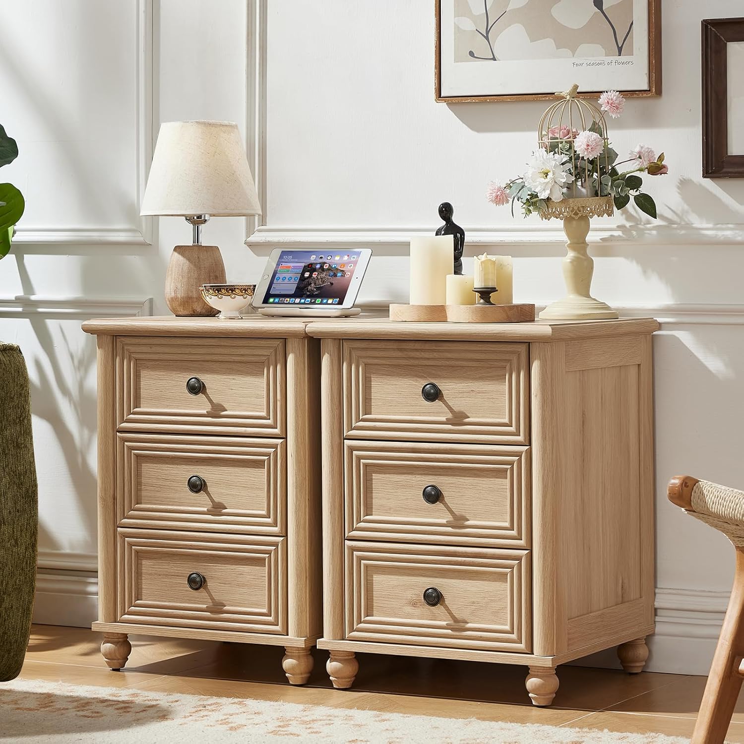 RWYHG 18' Farmhouse Night Stand Set of 2, Natural Wood Nightstand with 3 Drawers, Bedside End Table with Storage and Roman Column, Bed Side Tables Cabinet for Bedroom, Living Room, and Closet