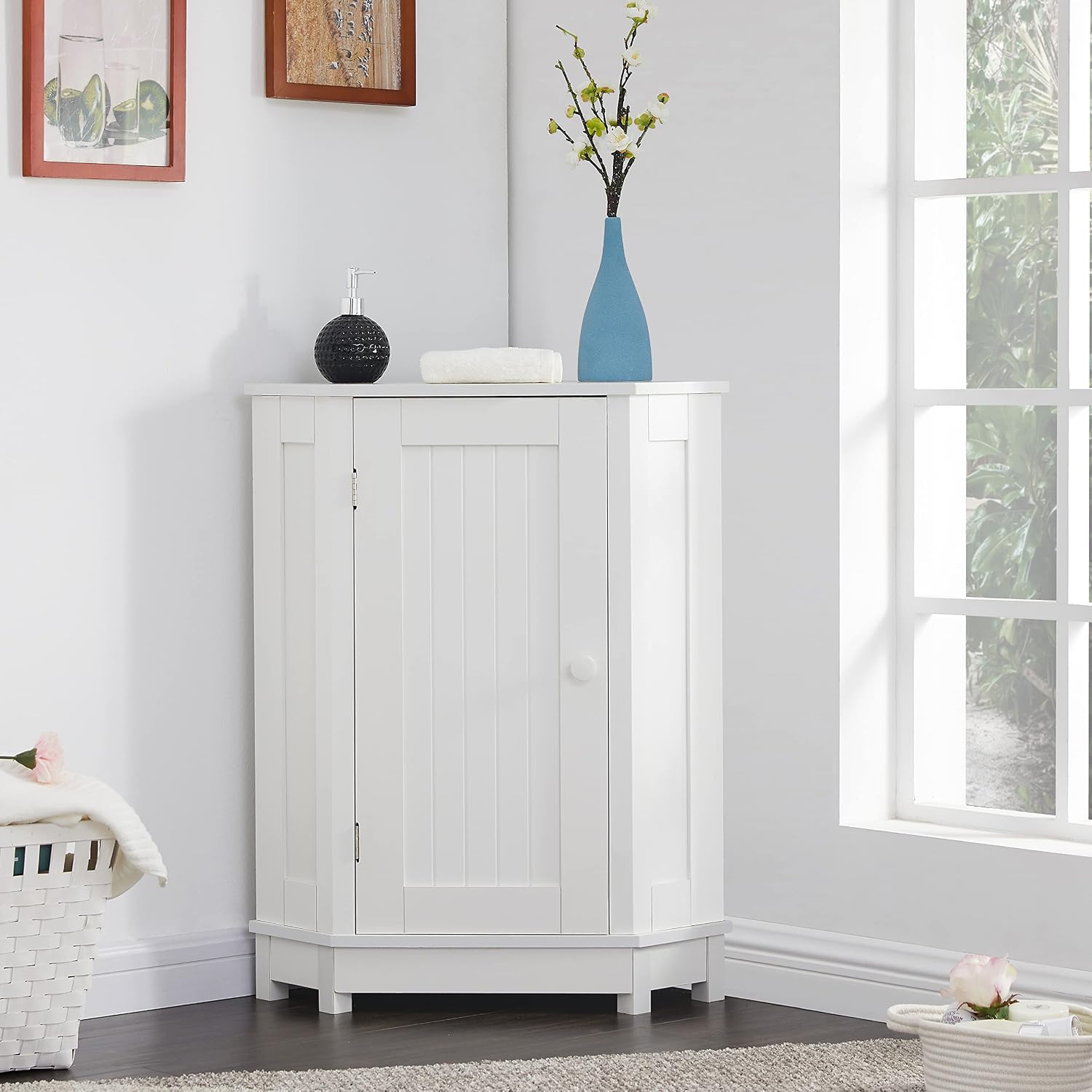 Floor Corner Cabinet with Doors and Adjustable Shelves, Freestanding Bathroom Corner Storage Cabinet for Bathroom, Living Room (1 Door, White)