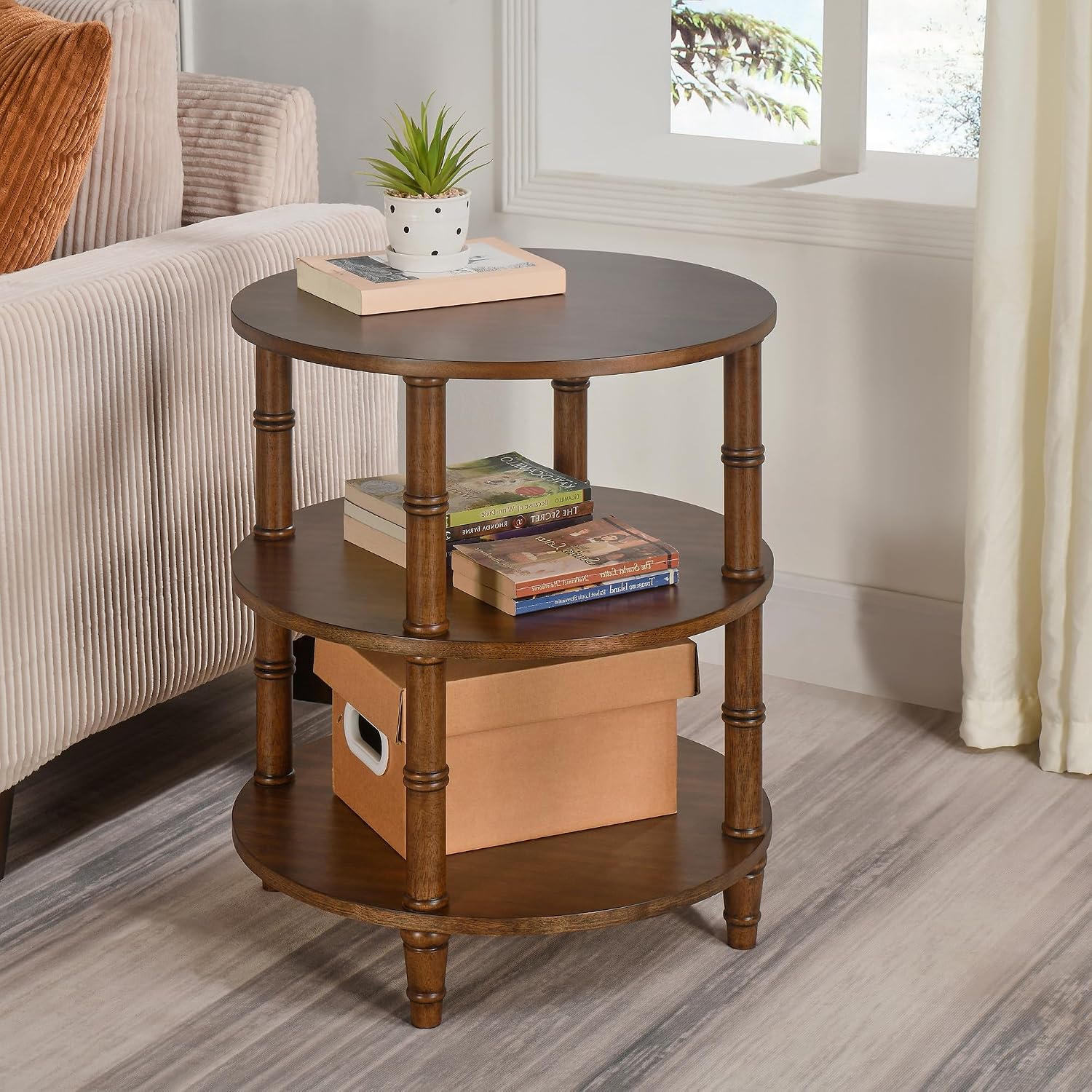 3-Tier Solid Wood Round End Table, Sofa Side Table with Open Storage Shelf Accent Corner Table with Wood Finish, Nightstand with Bamboo-Inspired Legs for Narrow Spaces, Dark Brown, 19.7'D x 23.6'H
