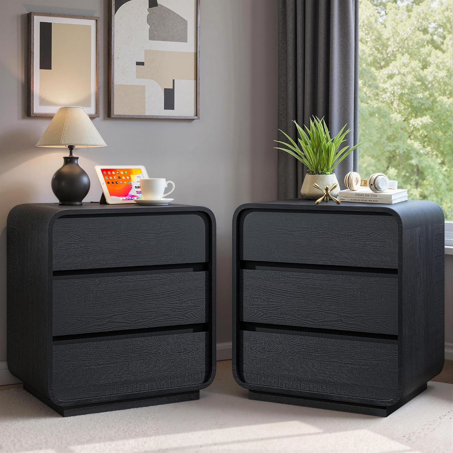Standifurno Black Curved Night Stand Set of 2 with Charging Station, 25' Tall Wood Bedside Table Nightstand with 3 Storage Drawers, Mid Century Modern End Table for Bedroom, Office