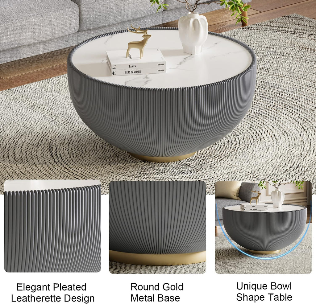 Modern Round Coffee Table Luxury Sintered Stone Top Coffee Table in Grey Leatherette Creative Bowl-Shape Cocktail Center Table for Living Room Bedroom,Fully Assembled