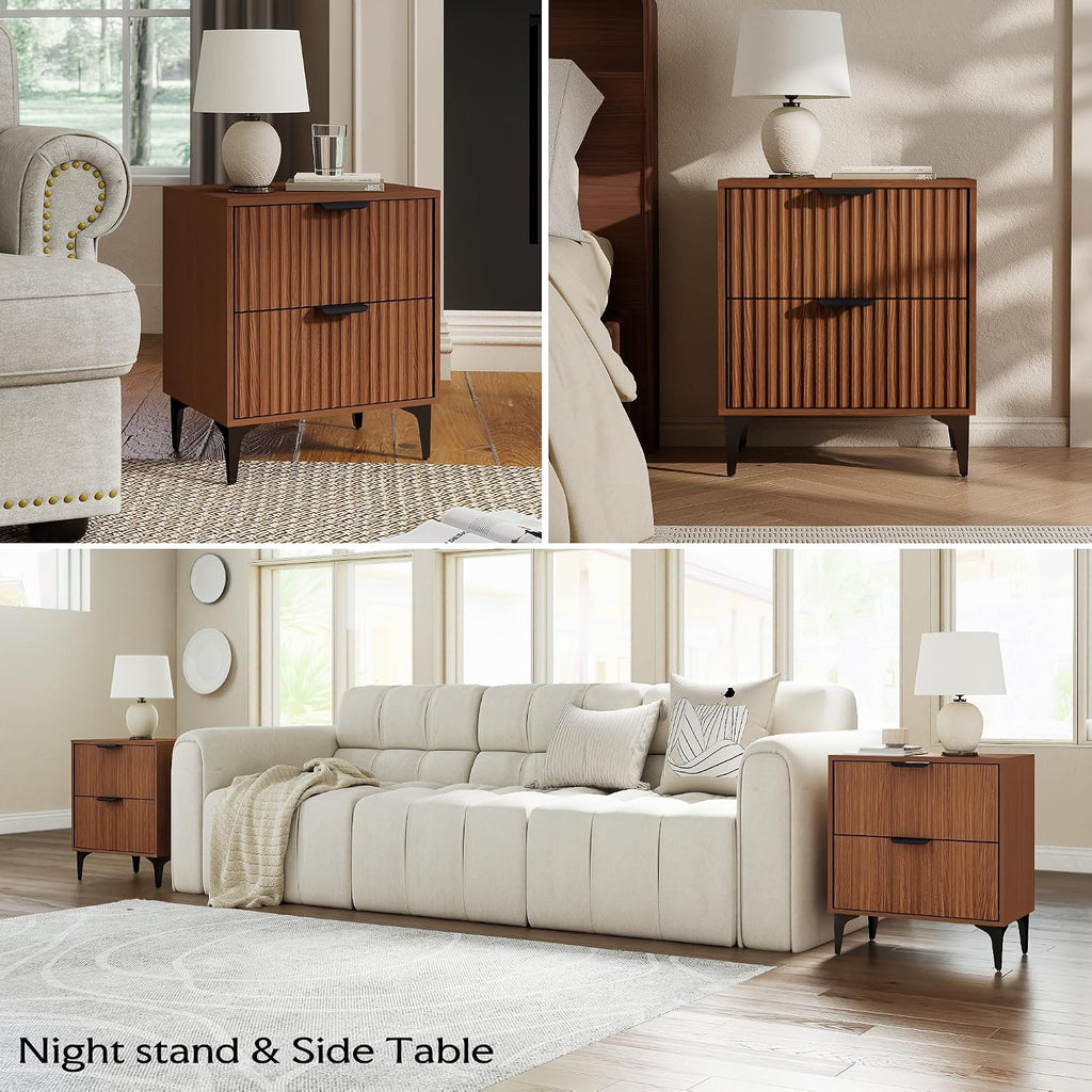 SUNWAVE Walnut Fluted Nightstand Set of 2, Modern Night Stands with 2 Drawers, Bedside Table for Twin/Full/Queen Bed, End Table with Robot-Friendly Metal Legs for Bedroom, Living Room