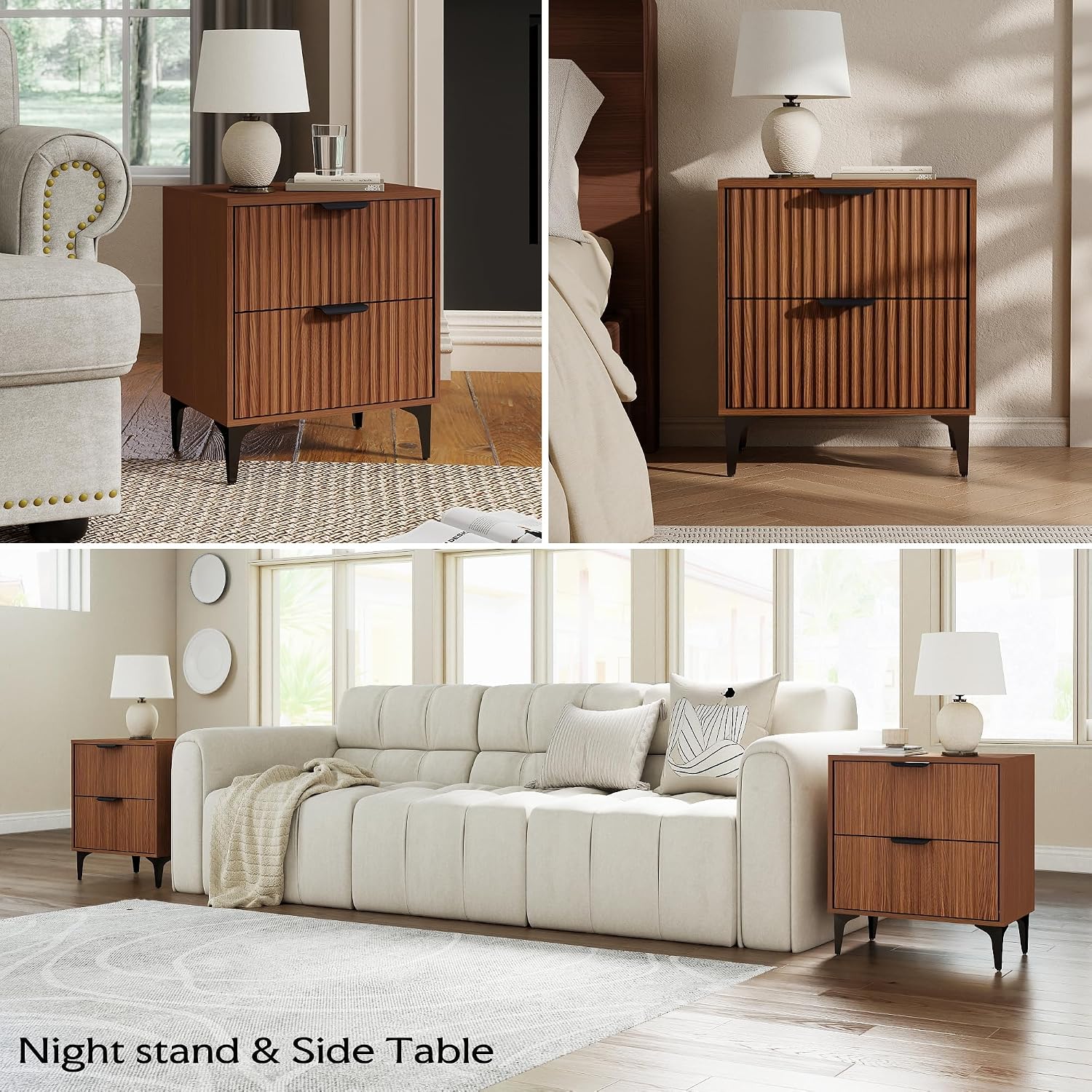 SUNWAVE Walnut Fluted Nightstand Set of 2, Modern Night Stands with 2 Drawers, Bedside Table for Twin/Full/Queen Bed, End Table with Robot-Friendly Metal Legs for Bedroom, Living Room