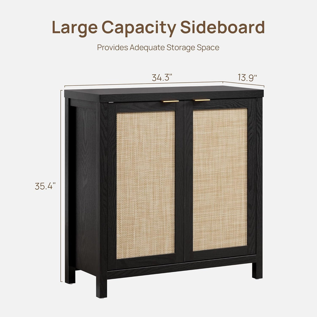 SICOTAS Rattan Sideboard Buffet Storage Cabinet - 3 Pieces Boho Farmhouse Coffee Bar Cabinet Credenza Cabinet with Storage and Rattan Decorated Doors for Home Kitchen, Black
