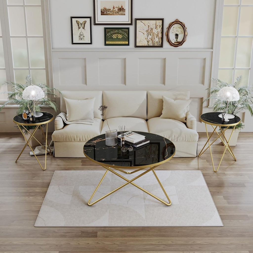 HLR Modern Round Coffee Table and Side Table Set of 3,End Table with Faux Marble Top and Gold Metal Frame, Side Table for Living Room, Bedroom, Sofa and Couch, Gold Legs, Black Marble Top