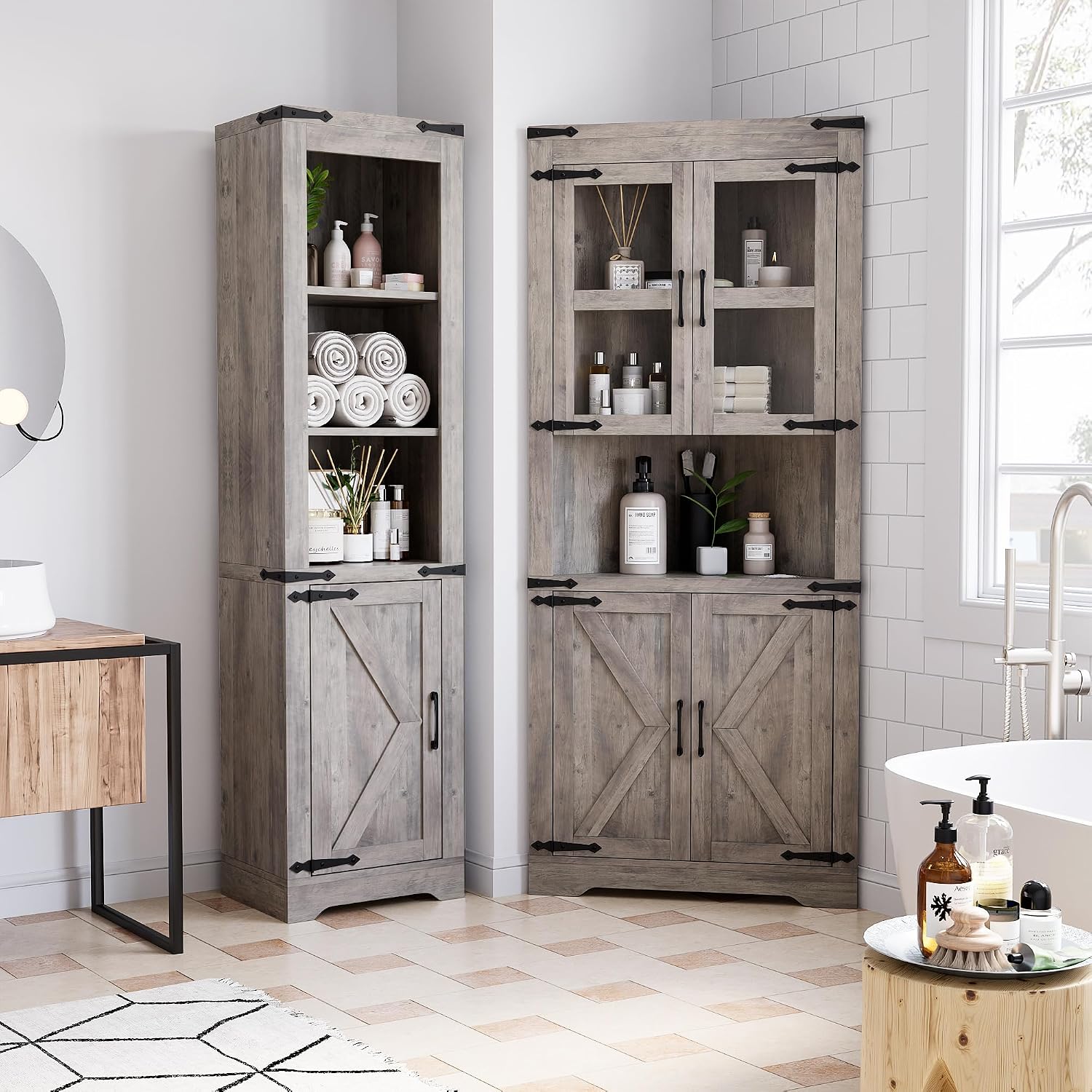 Senfot Tall Corner Storage Cabinet, Bathroom Floor Storage Cabinet with Doors and Adjustable Shelves, Freestanding Tall Cabinet Organizer for Bathroom, Kitchen, Living Room, Washed Grey