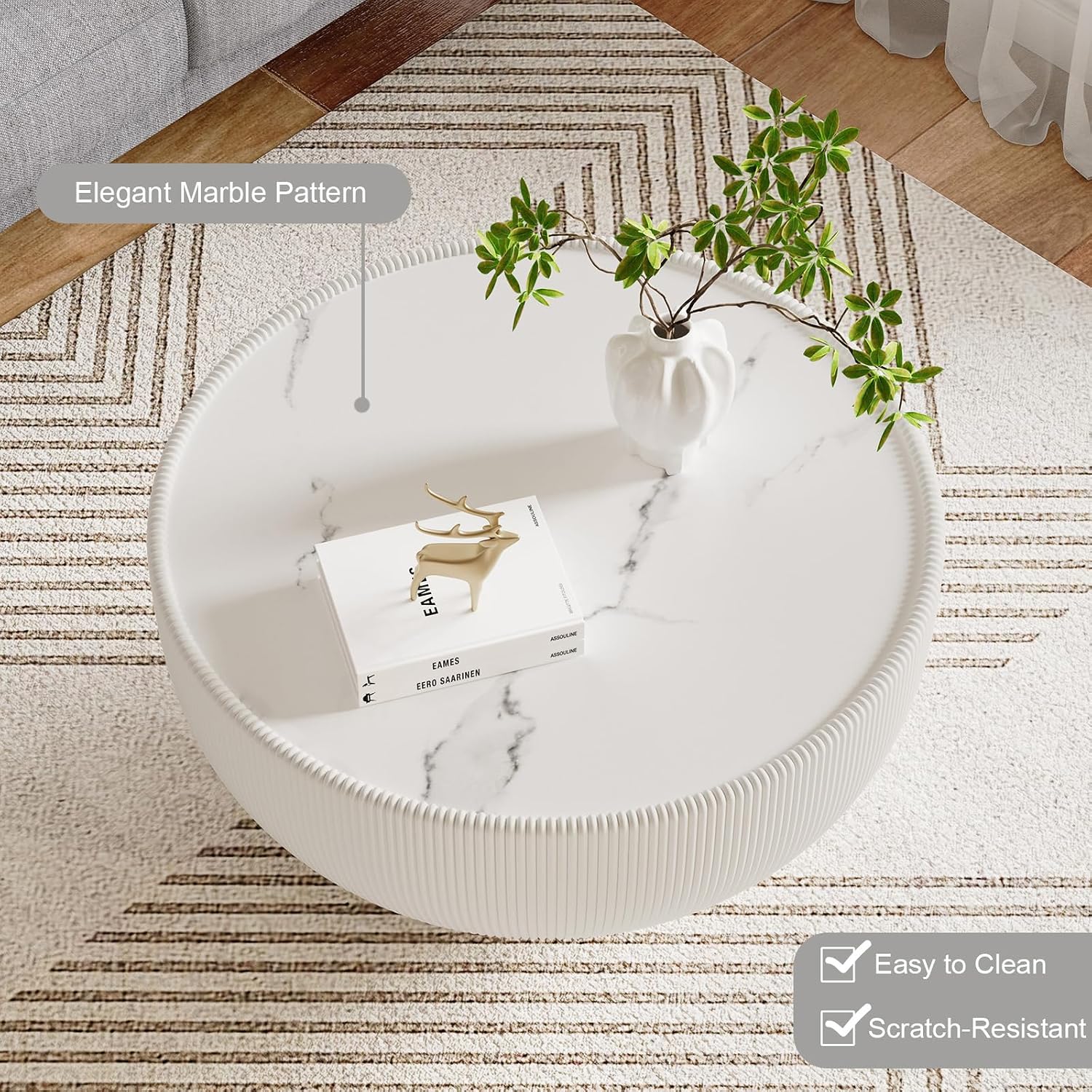 Modern Round Coffee Table Set of 2 Luxury Sintered Stone Top Coffee End Table in White/Grey Leatherette Creative Bowl-Shape Small Coffee Side End Tables for Living Room,Fully Assembled