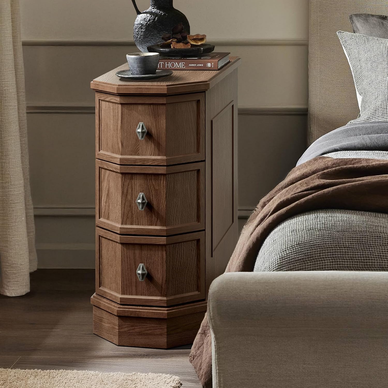 Nightstand Set of 2 with Charging Station, Vintage Wood End Table with 3 Drawer, Victoria Narrow Side Table, Slim Bedside Tables for Bedroom, Pre-Installation, Brown