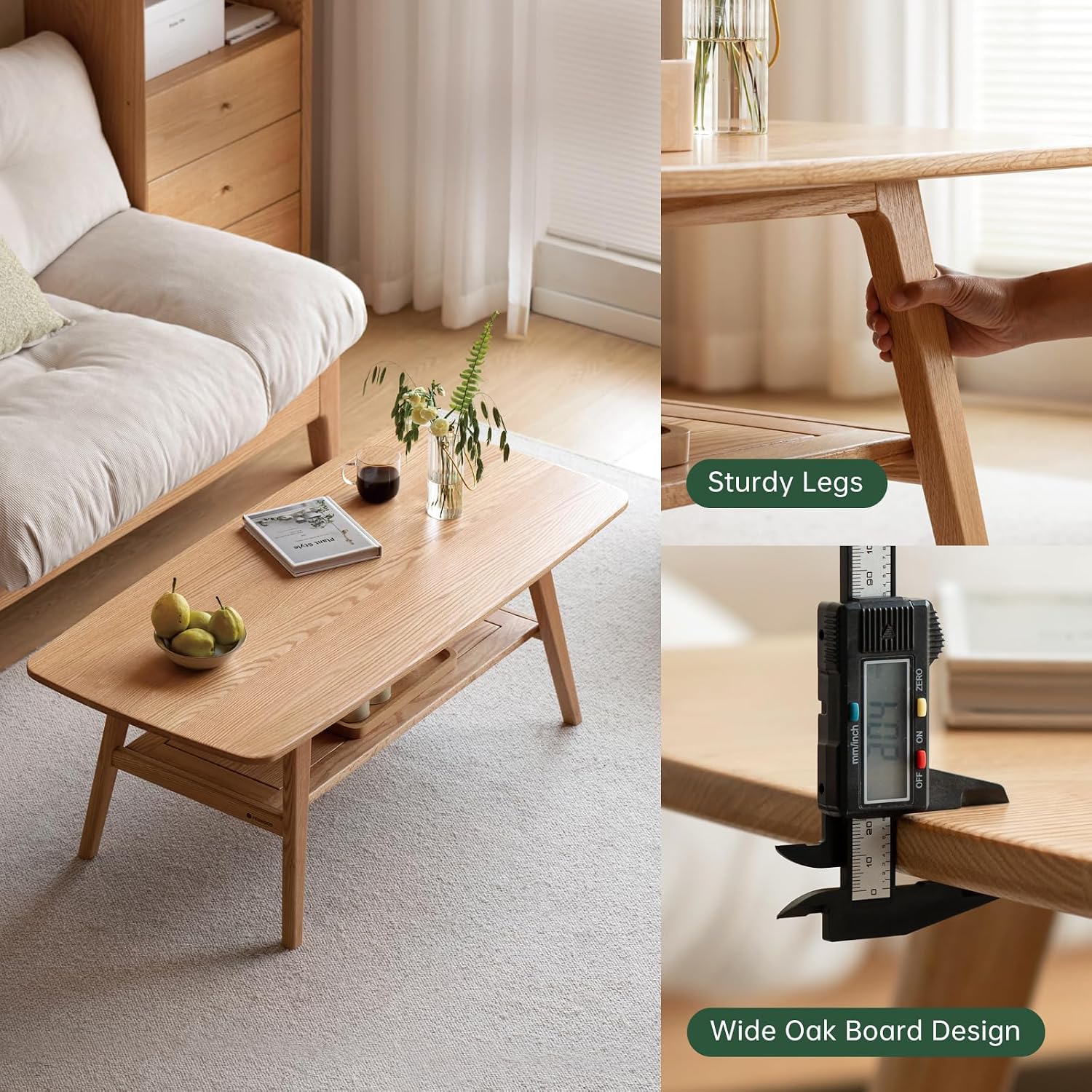 100% Solid Oak Wood Coffee Table for Living Room, 2-Tier Small Coffee Tables with Shelf Storage, Mid Century Modern Table with Rounded Corners (Natural, 39.37' x 19.68' x 17.32')