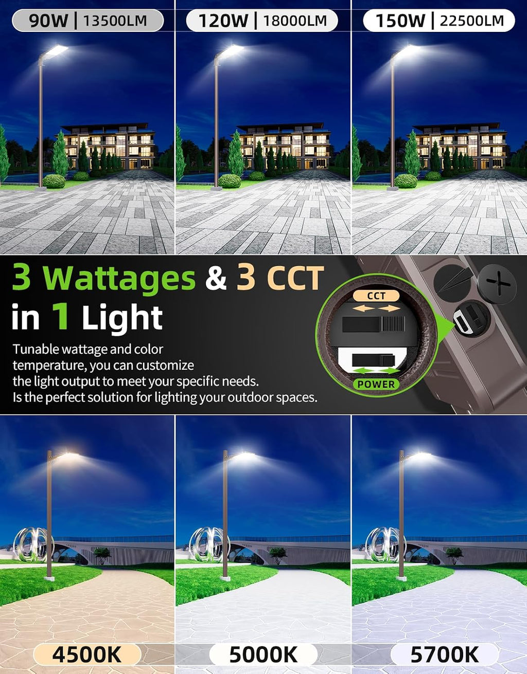LED Parking Lot Light 150W 120W 90W Adjustable 4500K 5000K 5700K Tunable Up to 22500LM Photocell LED Shoebox Fixture Flood Pole Light Outdoor Field Lighting AC 100-277V