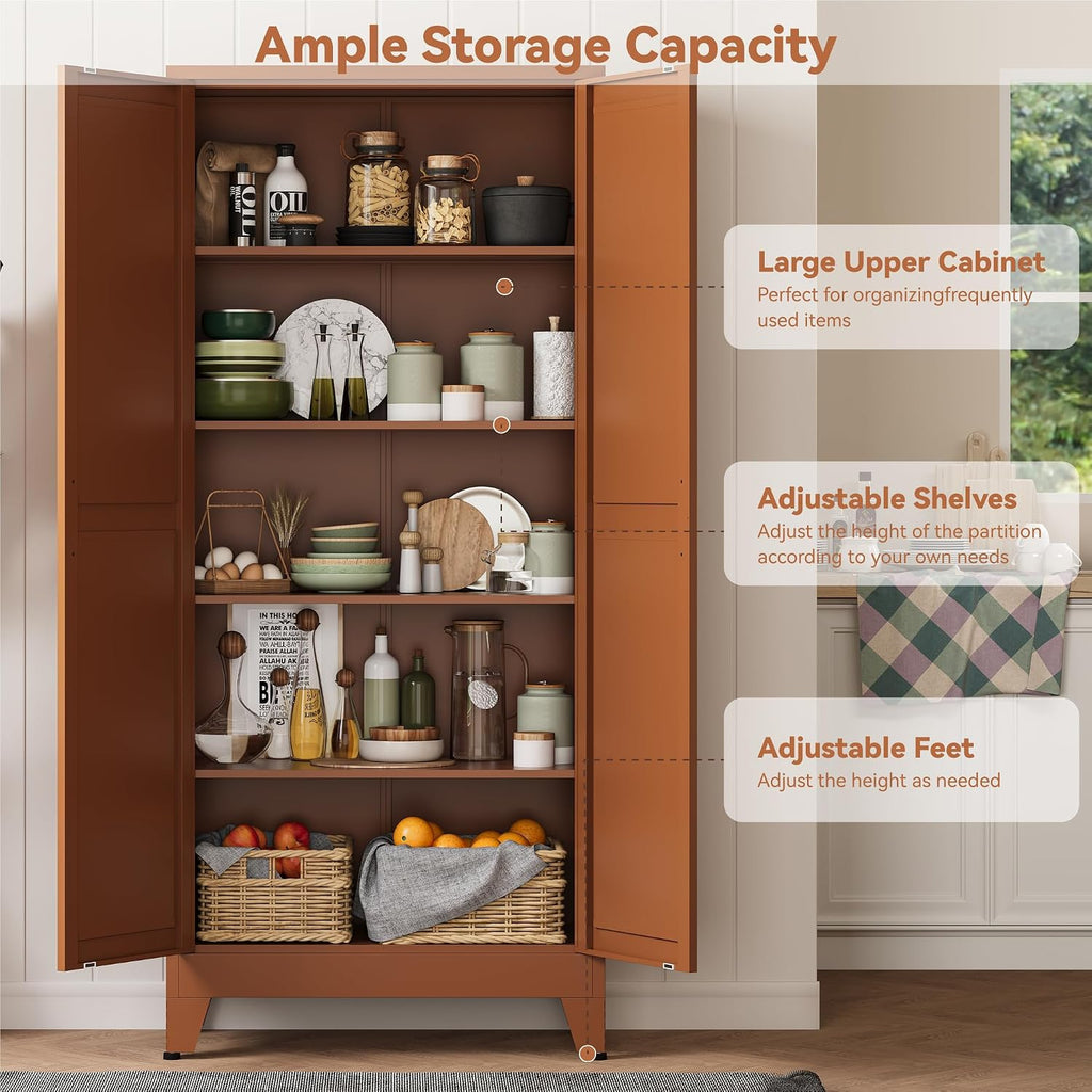 Baborokic 71H Tall Metal Storage Cabinet with 2 Doors and Adjustable Shelves,Kitchen Pantry Storage Cabinets,Tall Freestanding Cupboard for Bathroom,Office,Dining Room,Rustic Brown
