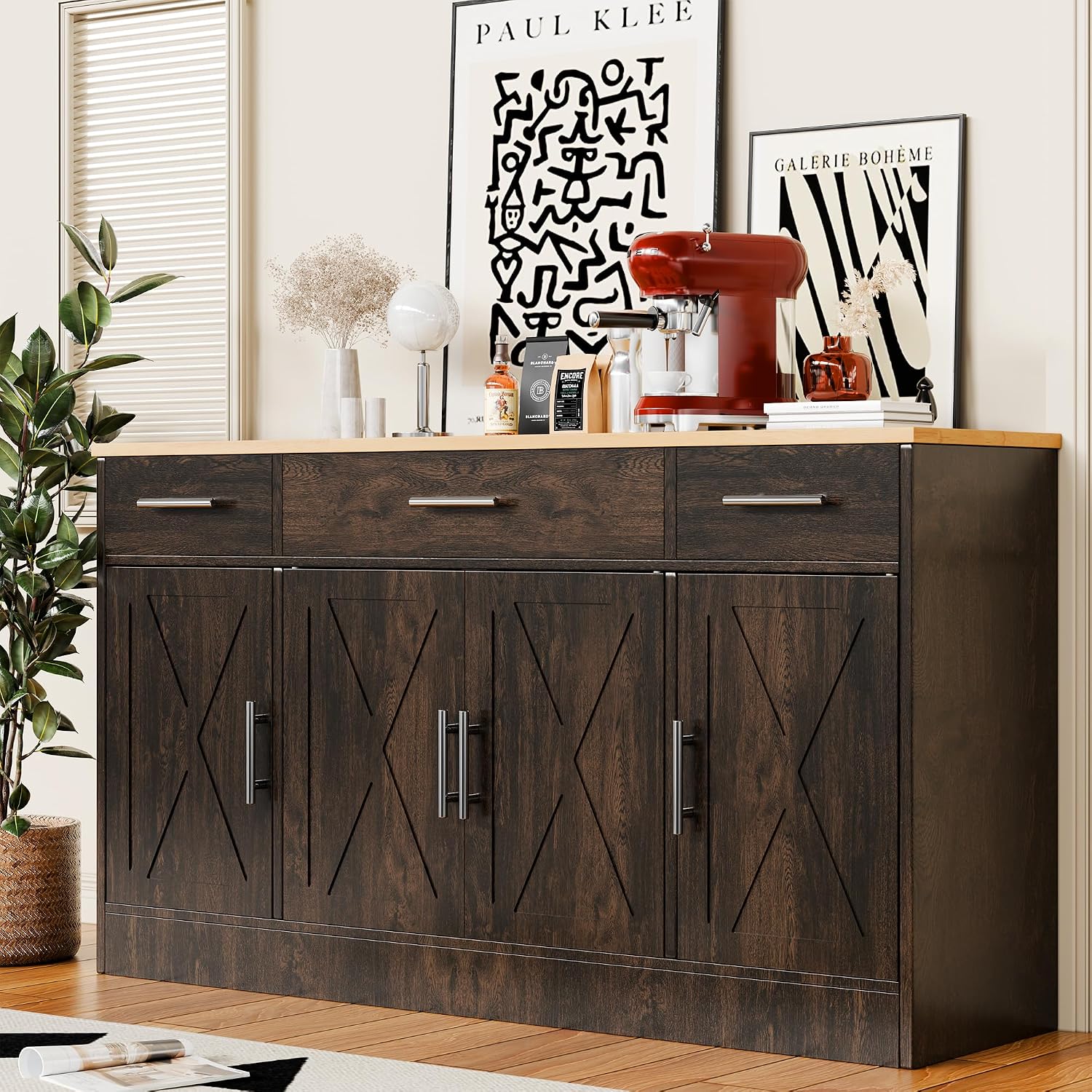 SUNLEI Kitchen Storage Cabinets, Farmhouse Buffet Cabinet with 4 Doors and 3 Drawers, Sideboard Small Storage Cabinet with Adjustable Shelf, for Kitchen, Dining Room & Living Room, Brown