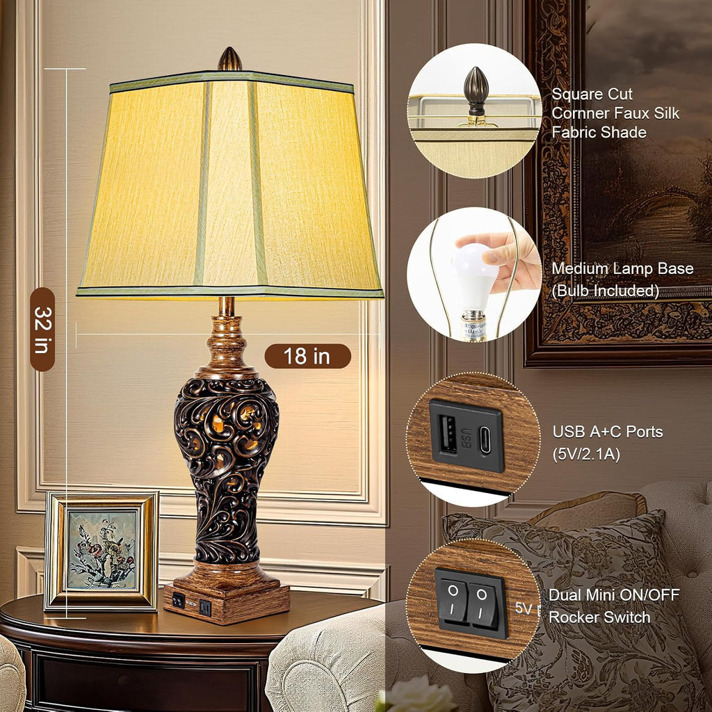 32'' Tall Rustic Vintage Table Lamps Set of 2 with Night Lights - Bedside Lamp with Faux Silk Shades for Bedroom and Living Room with 2 USB Charging Ports,Rustic Lamps for Living Room(Bulb Included)