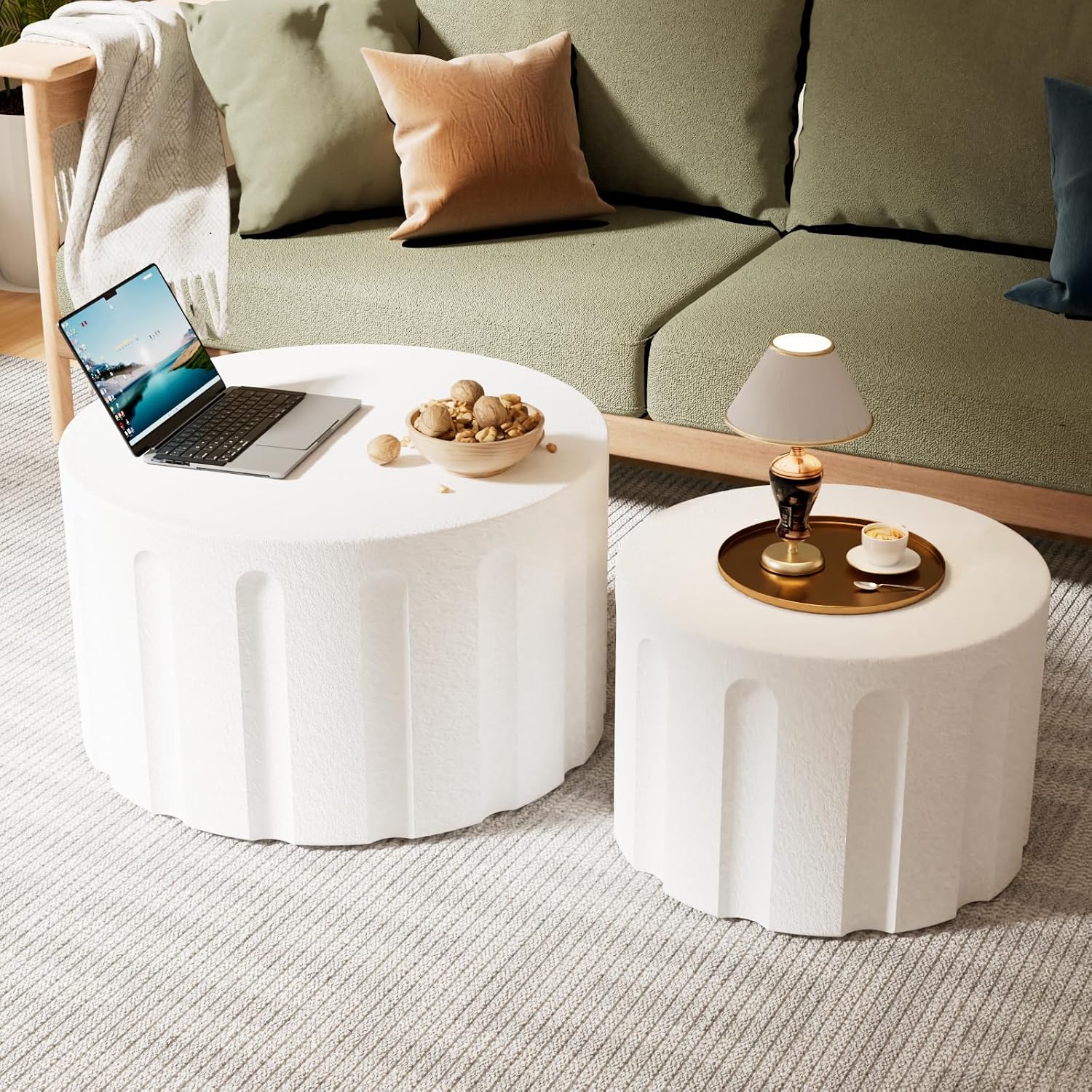 Fluted Round Nesting Coffee Table Set of 2, Modern Unique Circle Coffee Table, Drum Side Tea Table, Space-Saving for Living Room, Bedroom, Balcony, Office, No Assembly (26.77'+19.69' White B)