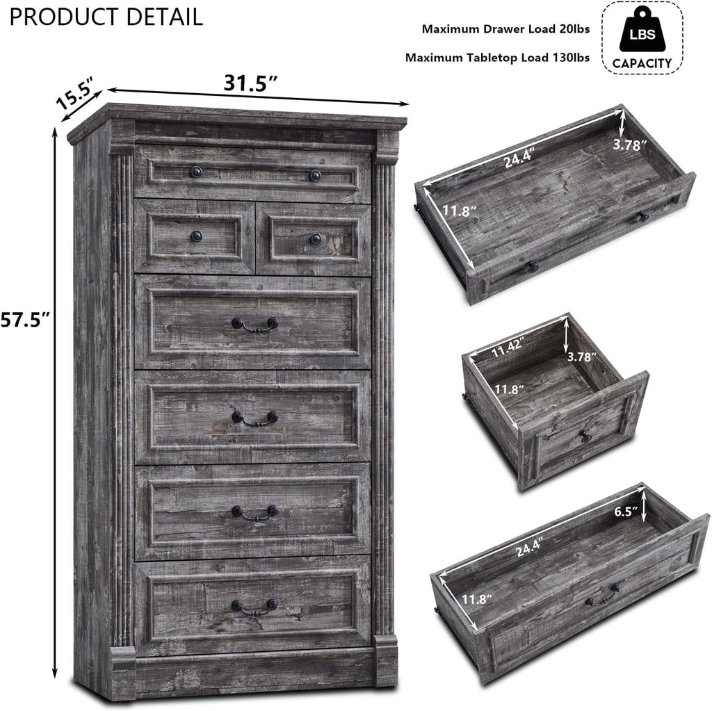 Aitjunz Farmhouse 7 Drawers Dresser for Bedroom, 57' Tall Large Dressers & Chests of Drawers w/Roman Column, Storage Dressers Organizer for Bedroom, Hallway, Living Room, Light Grey