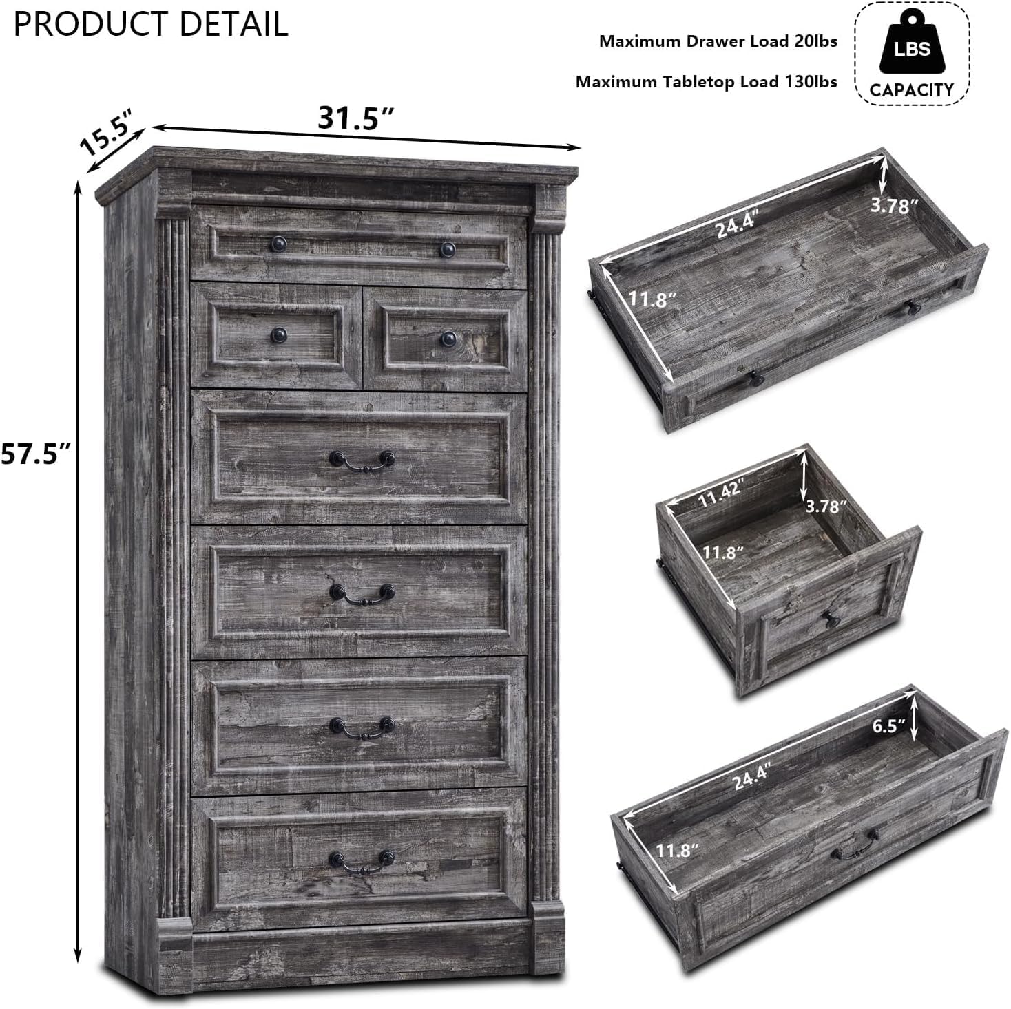Aitjunz Farmhouse 7 Drawers Dresser for Bedroom, 57' Tall Large Dressers & Chests of Drawers w/Roman Column, Storage Dressers Organizer for Bedroom, Hallway, Living Room, Light Grey
