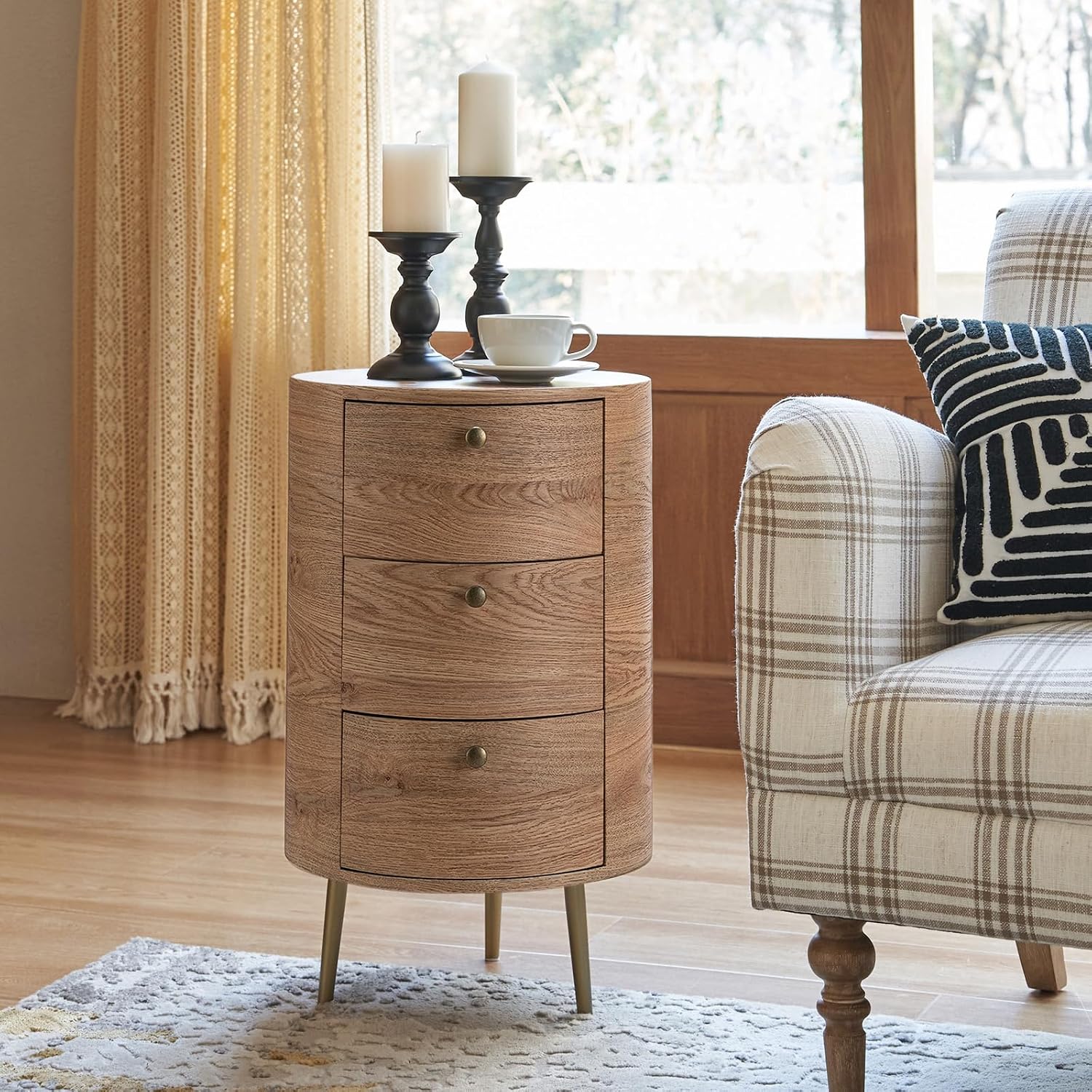 HULALA HOME Round End Table with 3 Storage Drawers, Mid Century Modern Sofa Side Table with Metal Legs, Farmhouse Wood Small Side Table for Living Room, Bedroom and Small Spaces, Oak