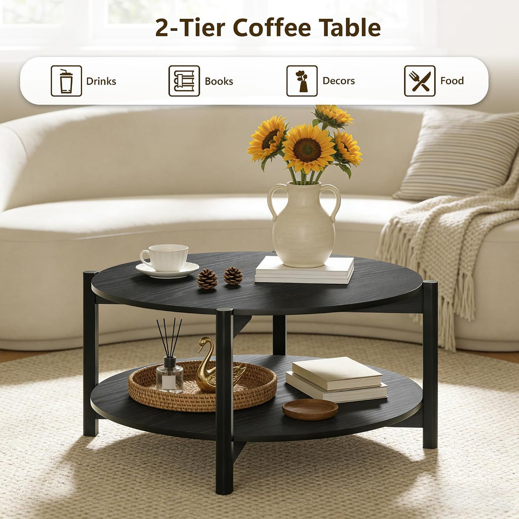 Round Coffee Table Set of 2, 34.4' Modern Wood Coffee Table and Side Table, Sturdy X-Brace Frame, 2 Piece Coffee Table for Living Room, Home Office