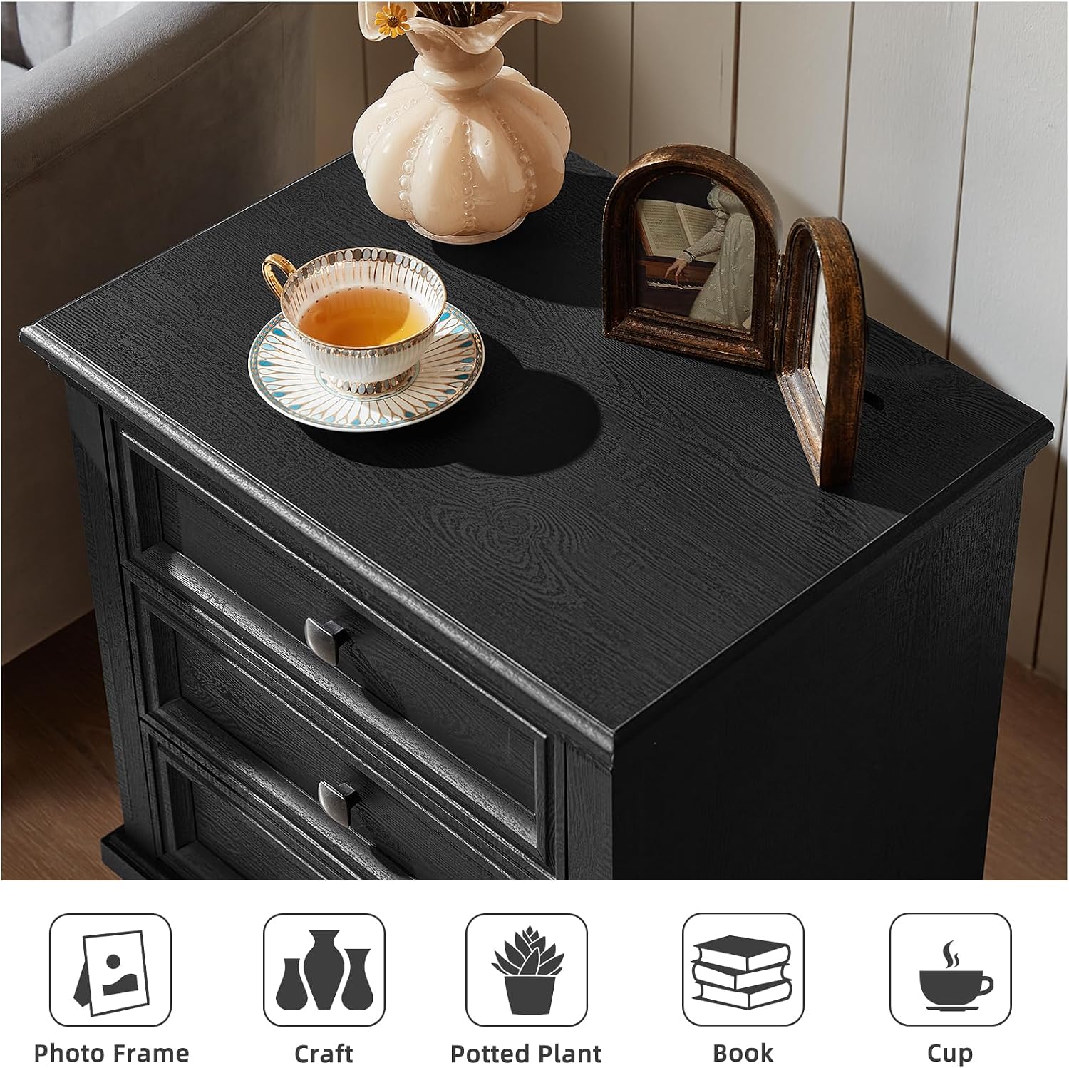 SAVOR LIFE Farmhouse Nightstand Set of 2, Rustic Couch End Table with 3 Drawers & 4 Square Solid Wood Legs, Vintage Bed Side Table with Storage, Small Dresser for Bedroom, Living Room, Black