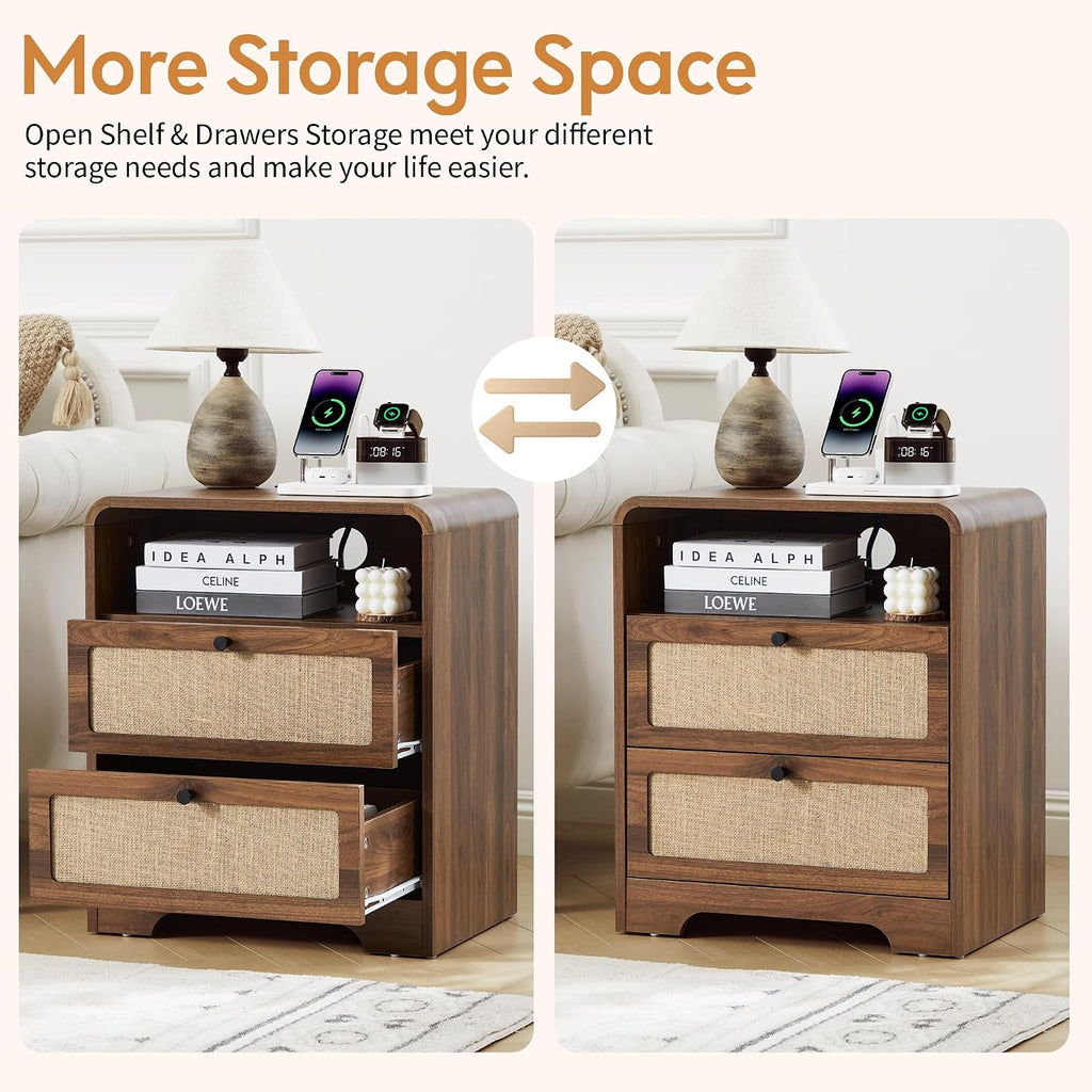 Nightstand with Drawers Set of 2, Mid-Century Living Room Wood End Table with Charging Station for Couch, Night Stand with Charger Station, Linen Decor Side Table for Bedroom