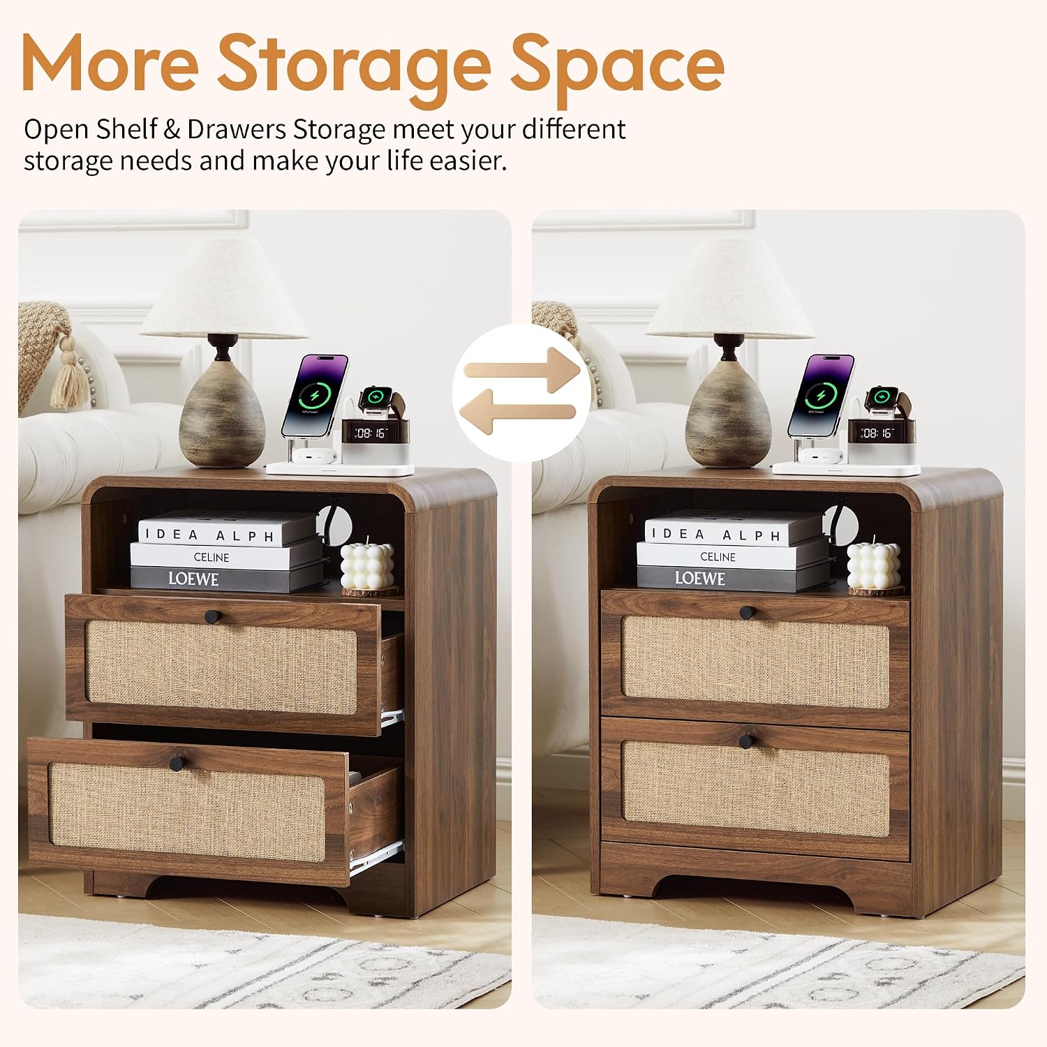 Nightstand with Drawers Set of 2, Mid-Century Living Room Wood End Table with Charging Station for Couch, Night Stand with Charger Station, Linen Decor Side Table for Bedroom