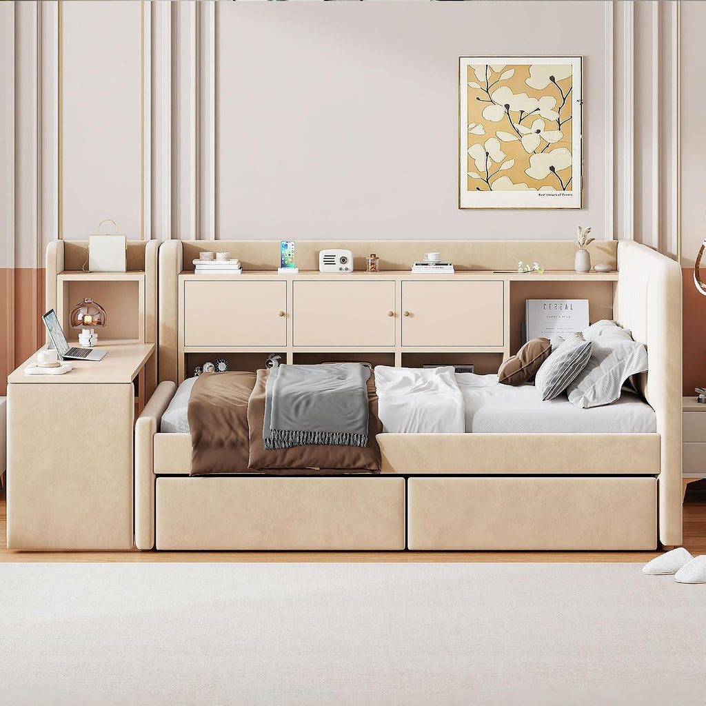 Bellemave Twin Corner Bed with Storage Shelves and Desk, Upholstered Daybed with Bookcase and Drawers，Daybed with Storage, Beige