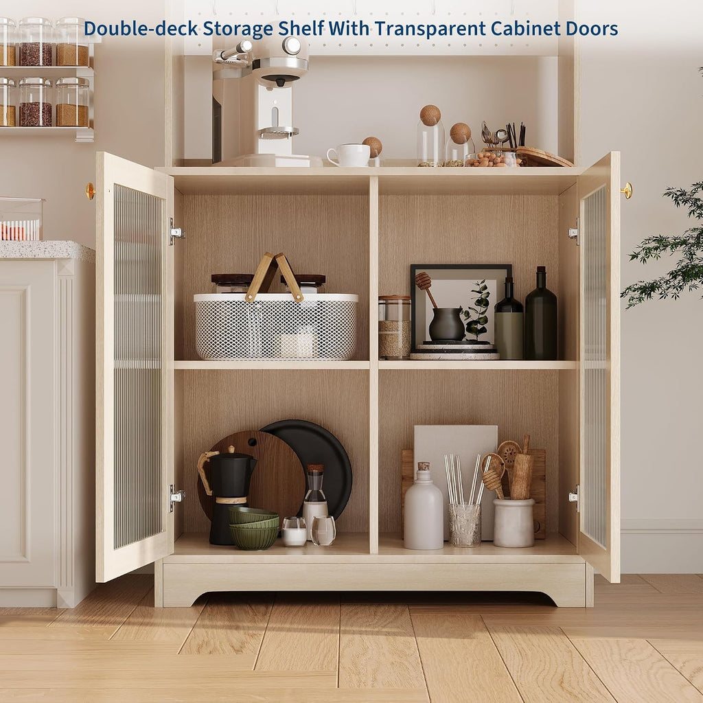 71' Tall Pantry Cabinet with 2 Glass Doors, Freestanding Kitchen Storage Cabinet with Open Storage & Adjustable Shelves, Modern Farmhouse Cupboard Coffee Bar for Dining Room, Living Room, Natural