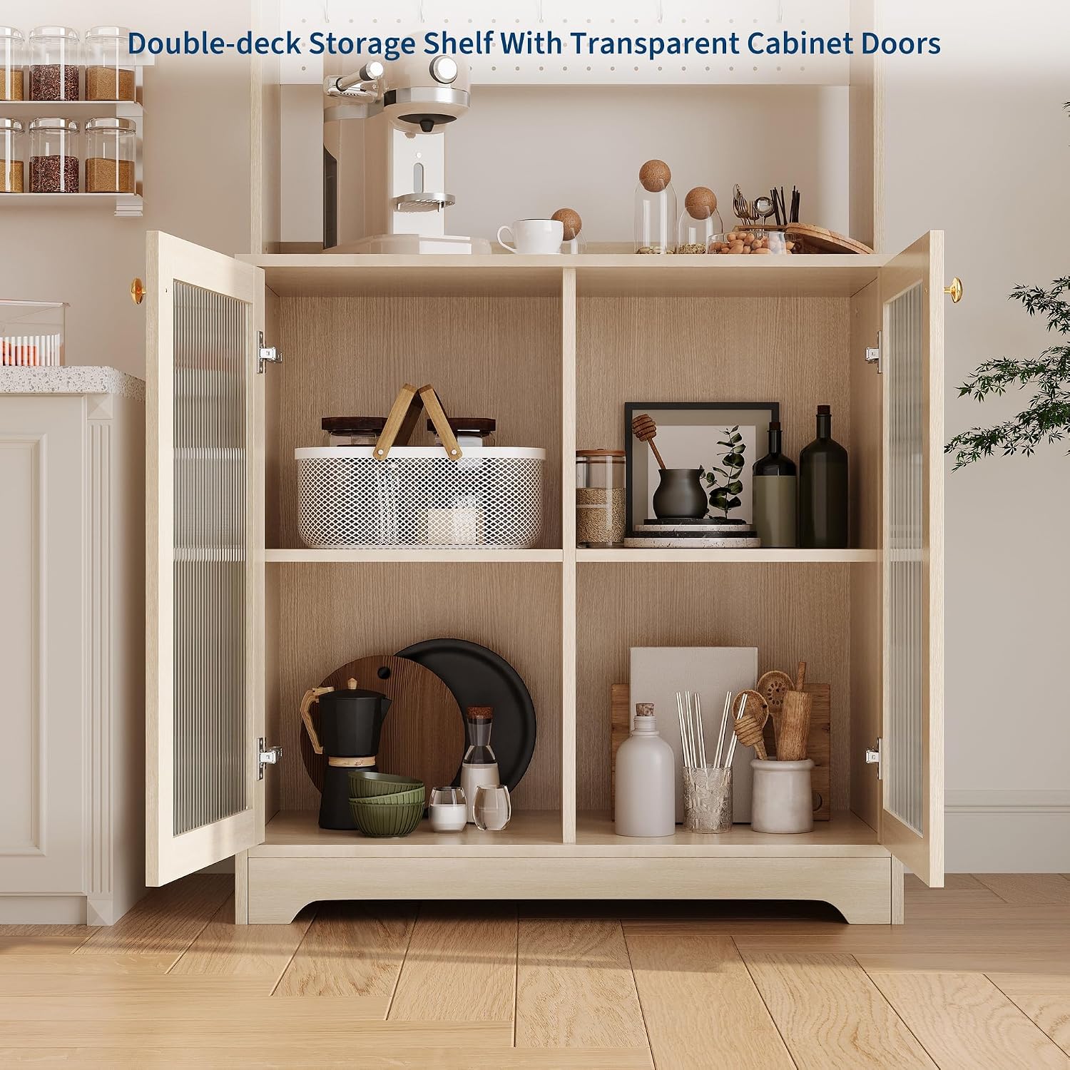 71' Tall Pantry Cabinet with 2 Glass Doors, Freestanding Kitchen Storage Cabinet with Open Storage & Adjustable Shelves, Modern Farmhouse Cupboard Coffee Bar for Dining Room, Living Room, Natural