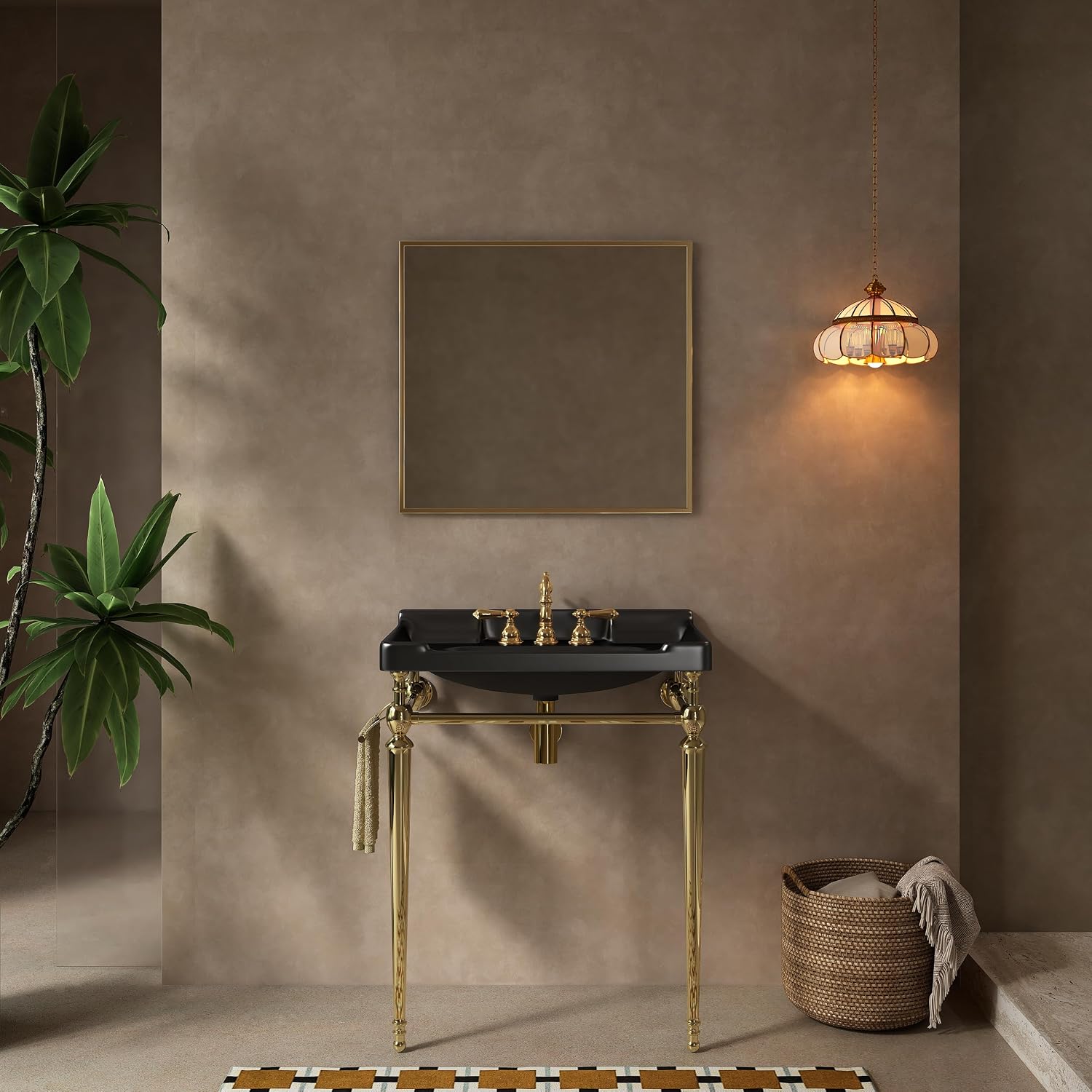 28' Bathroom Console Sink, Wall Mounted Black Ceramic Vanity Basin with 3 Pre drilled Faucet Holes, Freestanding Stainless Steel Support Legs with Towel Bar, No Faucet Sink Cover, Gold Color