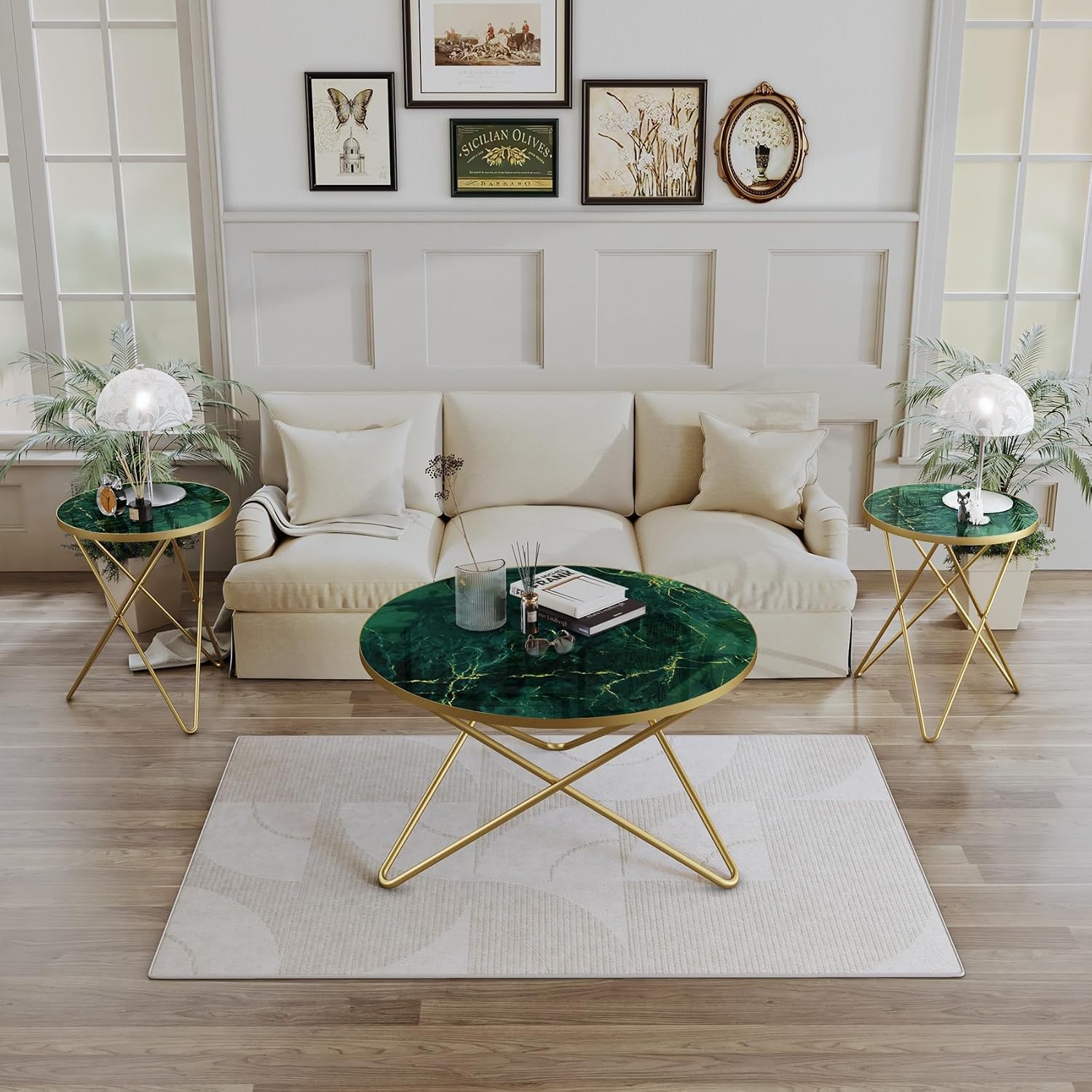 HLR Modern Round Coffee Table and Side Table Set of 3,End Table with Faux Marble Top and Gold Metal Frame, Side Table for Living Room, Bedroom, Sofa and Couch, Gold Legs, Green Marble Top