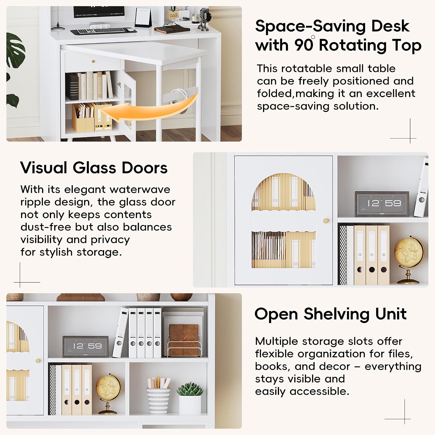 L Shaped Home Office Desks with 90° Rotating Retractable Desktop, Glass Door, Hutch, Drawers, Bookshelf & Storage Shelves, 43' Modern Gaming Computer Corner Table for Work, Study, Writing, White