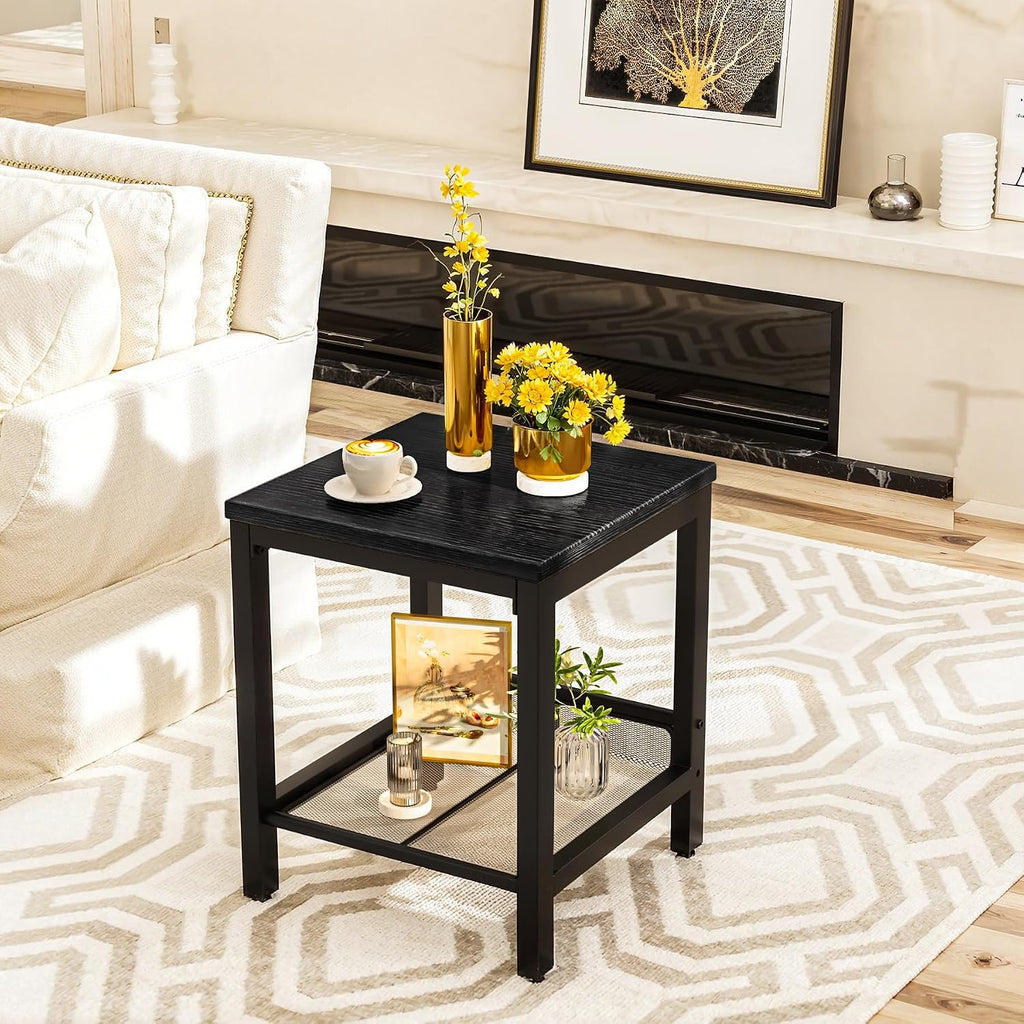 Lamerge 3 Pieces Living Room Table Set, Industrial Coffee Table with 2 Square End Side Tables, Coffee Table Set with Metal Frame for Apartment Home Office, Black
