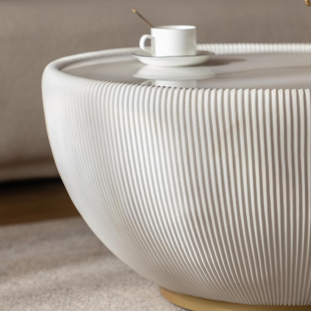 Modern Round Coffee Table Luxury Sintered Stone Top Coffee Table in Cream White Leatherette Creative Bowl-Shape Cocktail Center Table for Living Room Bedroom,Fully Assembled