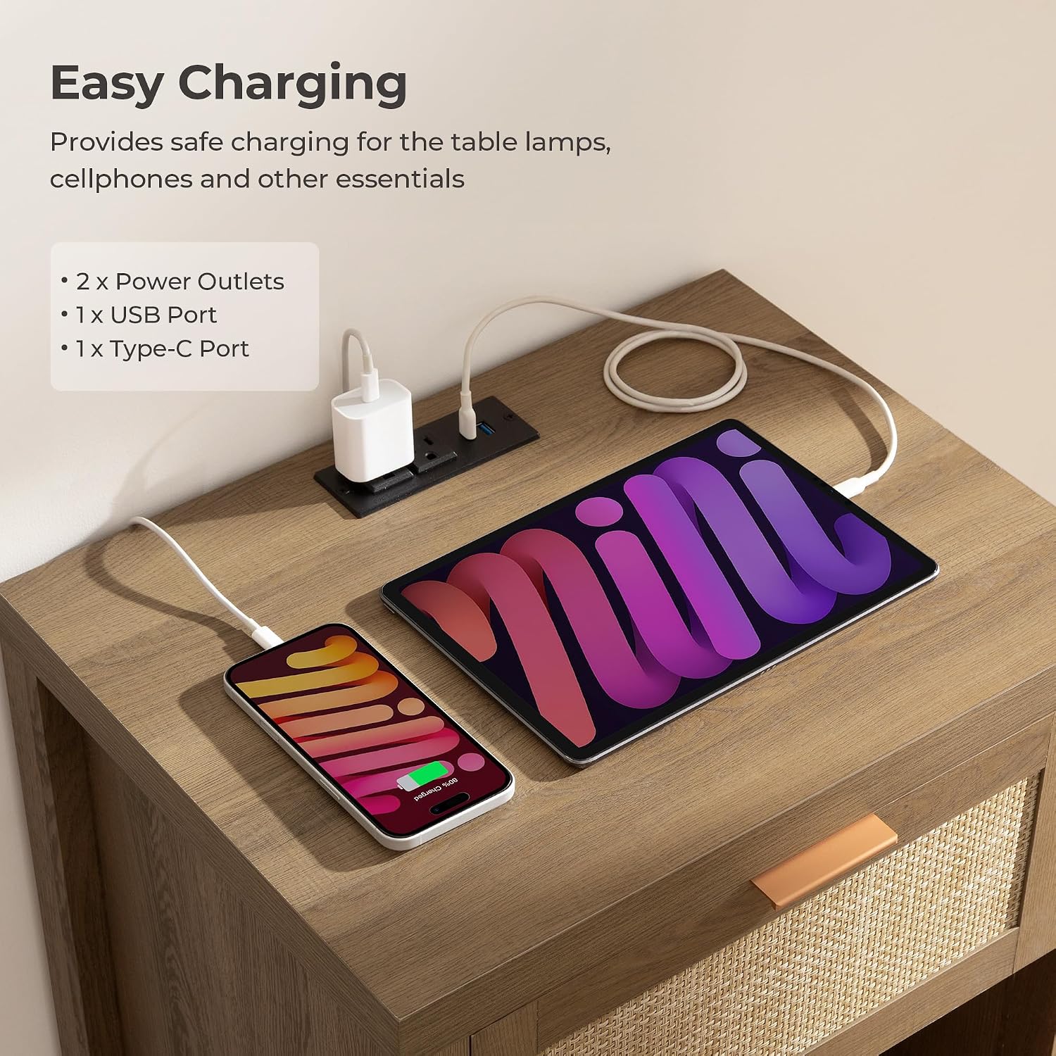 SICOTAS Nightstands Set of 2 with Charging Station Rattan Night Stand with Drawer Boho Bedside Table with USB and Type-C Ports Bed Side Tables for Bedroom Small Space, Oak
