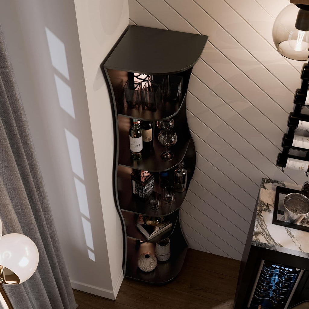 Homes: Inside + Out Connelly Modern 5 Shelf LED Bookcase, Unique Thin Wood Bookshelf with Storage and Remote, Office Shelving,Tall Book Shelf for Bedroom, Living Room and Small Spaces, Black