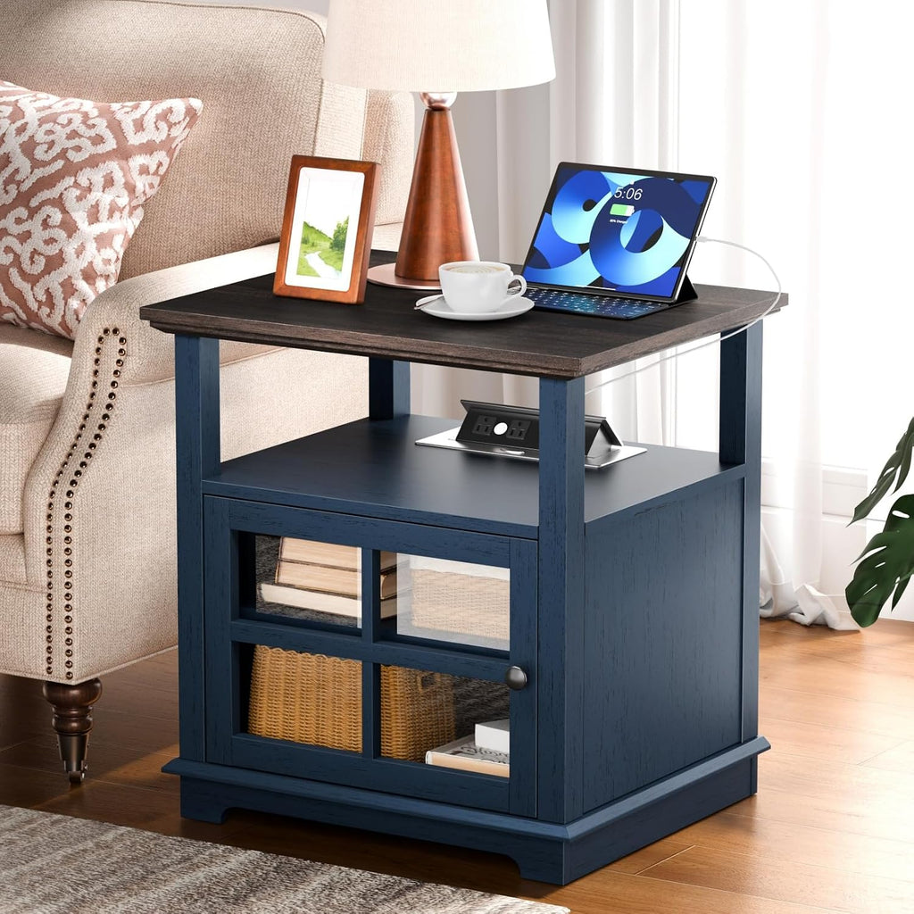HIFYOBRO 24''Tall End Table with Charging Station, Adjustable Shelf, Storage Side Table,21' Large Nightstand for Living Room, Bedroom