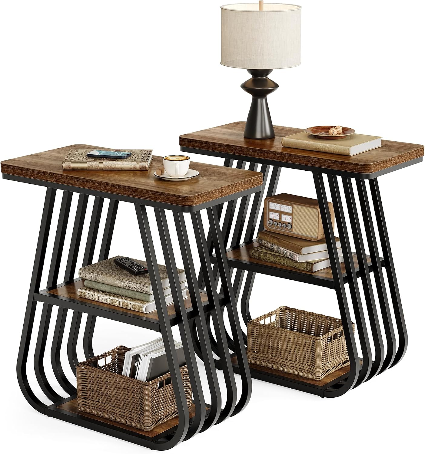 LITTLE TREE End Table for Living Room, 3-Tier Side Table for Small Spaces, Industrial Narrow Side Table with Storage Shelf in Oak Brown and Black (Set of 2)