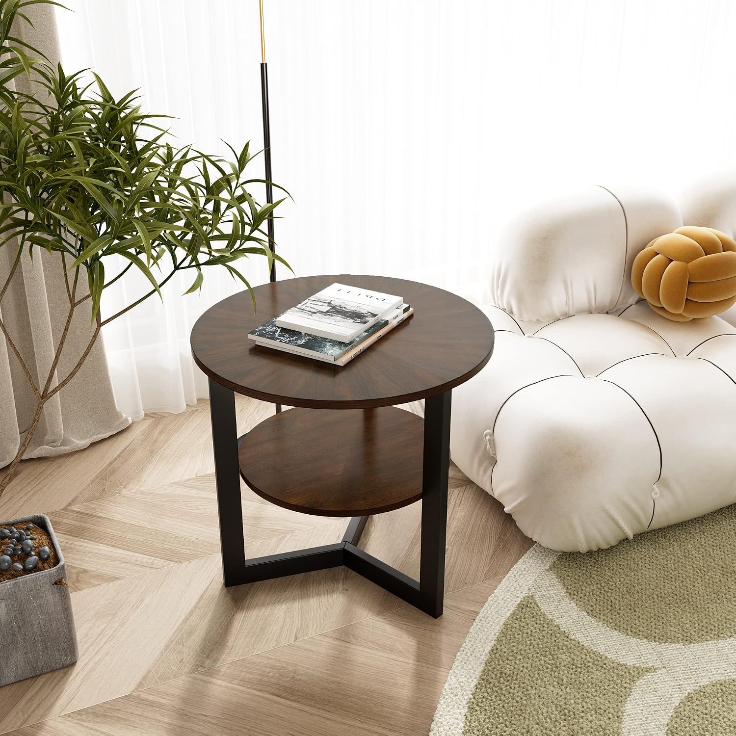 Large End Table with Storage Shelf Rustic Circular Sofa Side Table with Black Metal Legs Solid Wood Nightstand Telephone Table for Living Room Bedroom 25.2'D x 24'H Natural Brown CJZ1338NC