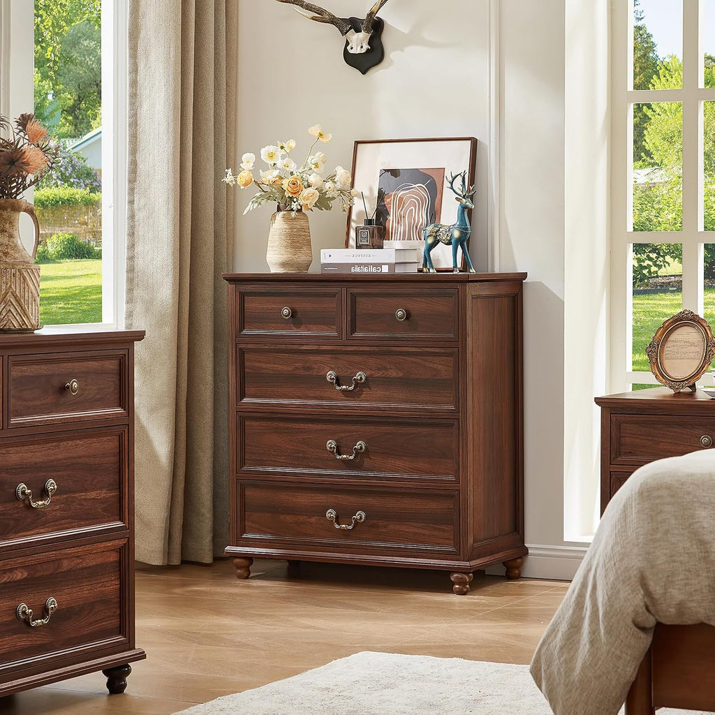 Joaxswe Farmhouse 5 Drawer Dresser Set of 2 for Bedroom, 35' Tall Rustic Chests of Drawers w/ 4 Solid Wood Feet, Mid Century Vintage Wooden Closet Storage Dressers Organizer for Living Room,Brown