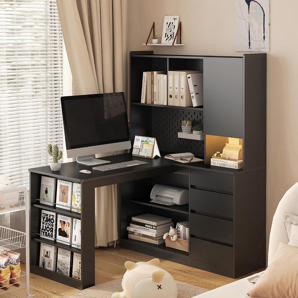 L Shaped Desk, Home Office Corner Desk with Hutch & Drawers and Bookshelf, Modern Study Table Writing Desk with LED Light, Gaming Computer Desk with Storage (Black-48)