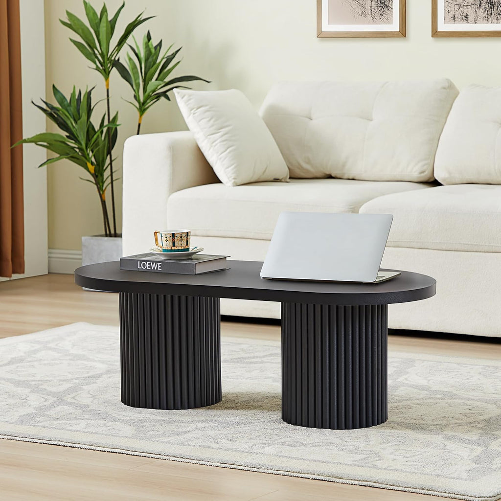 Small Fluted Coffee Table, Farmhouse Oval Wood Coffee Table Mid Century Modern Center Table Boho Living Room Tables for Living Room, Black