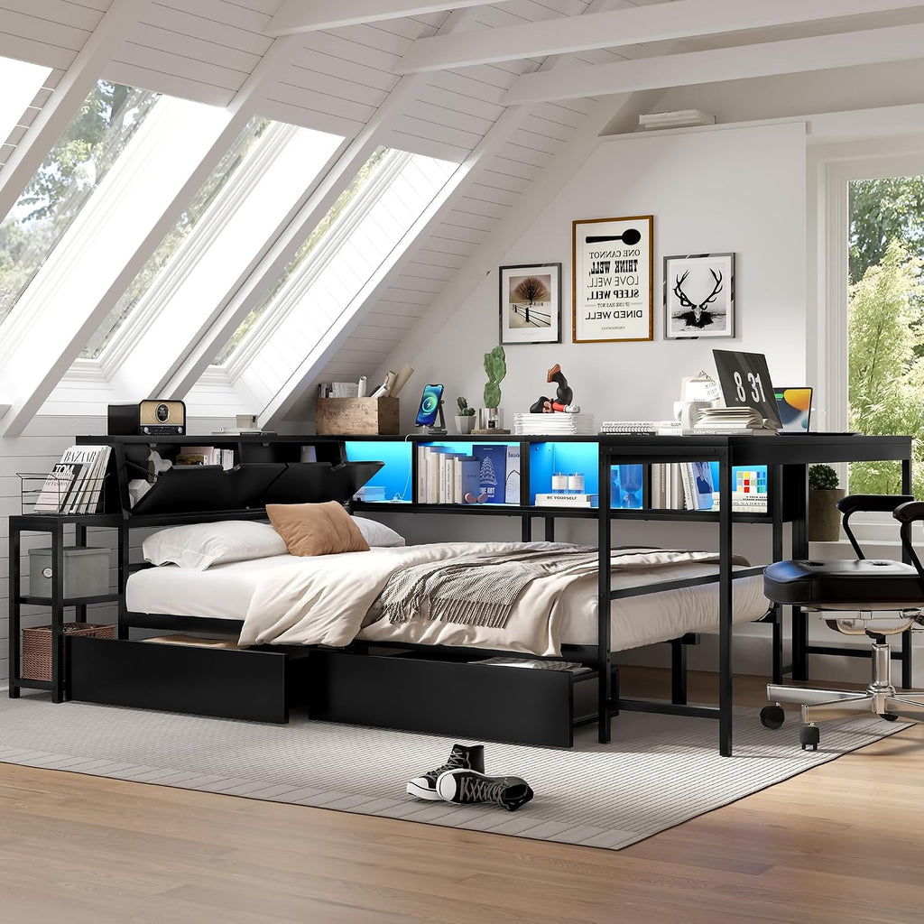 Full Corner Bed Frame with Desk and Storage, Full Size Captains Bed with Charging Station and LED Light, Wood Daybeds with L-Shaped Bookcase and 2 Drawers (Black, Full)
