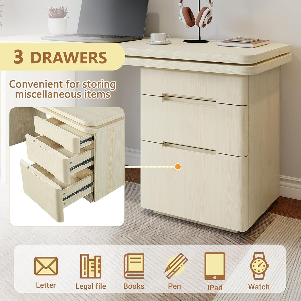 Merax Home Office Desk L Shaped with 3 Drawers,Wooden Rotating Desk | 90' Large Executive Office Workstation,Corner Work Table for Study Writing,Walnut