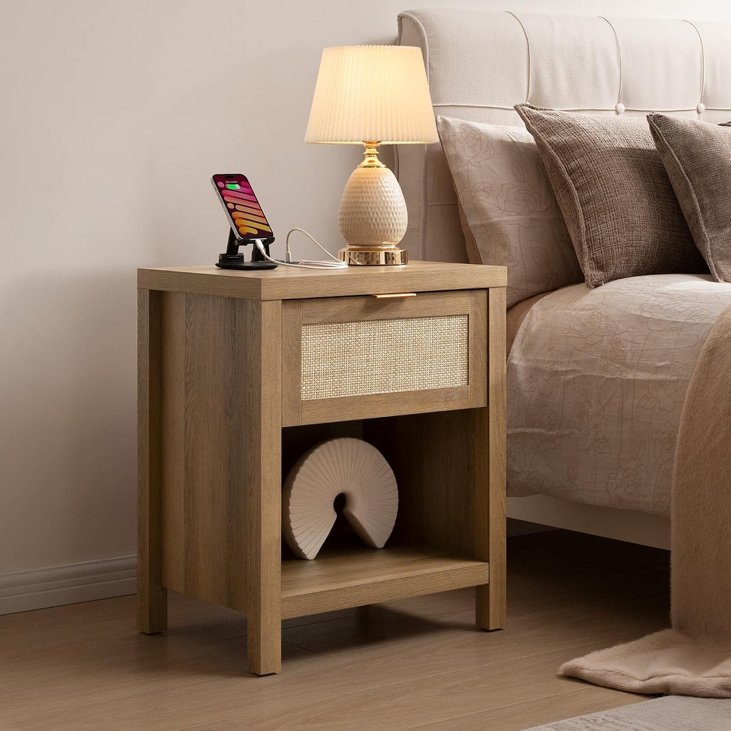SICOTAS Nightstands Set of 2 with Charging Station Rattan Night Stand with Drawer Boho Bedside Table with USB and Type-C Ports Bed Side Tables for Bedroom Small Space, Oak