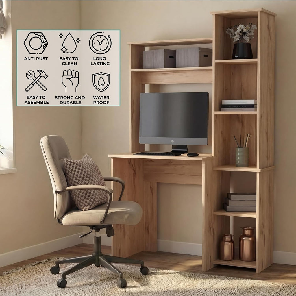 Tuhome Versalles Writing Desk with Two Superior Shelves, Five Side Open Storage Compartments, Space-Saving Modern Workstation Design for Studios and Offices, Ideal for Organization, Books