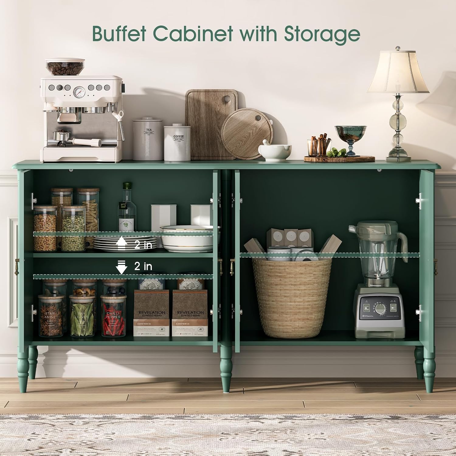 JOINICE Buffet Cabinet with Storage,Credenza Coffee Bar for Kitchen,Buffet Storage Cabinet with 4 Doors,59' Vintage Sideboard,Green