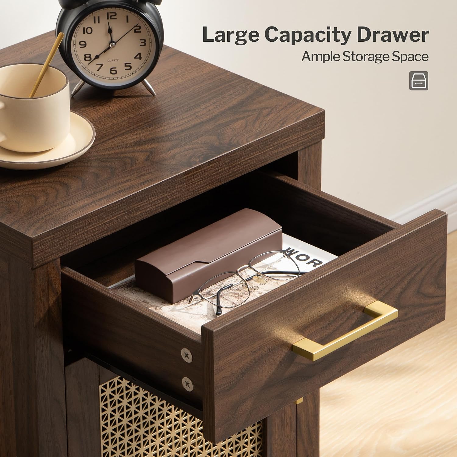 SICOTAS Tall Nightstands Set of 2 with Drawer, Mid Century Modern Wooden Night Stand Rustic Bedside Tables with Storage, Vintage End Tables with Metal Mesh Door for Bedroom, Espresso Walnut
