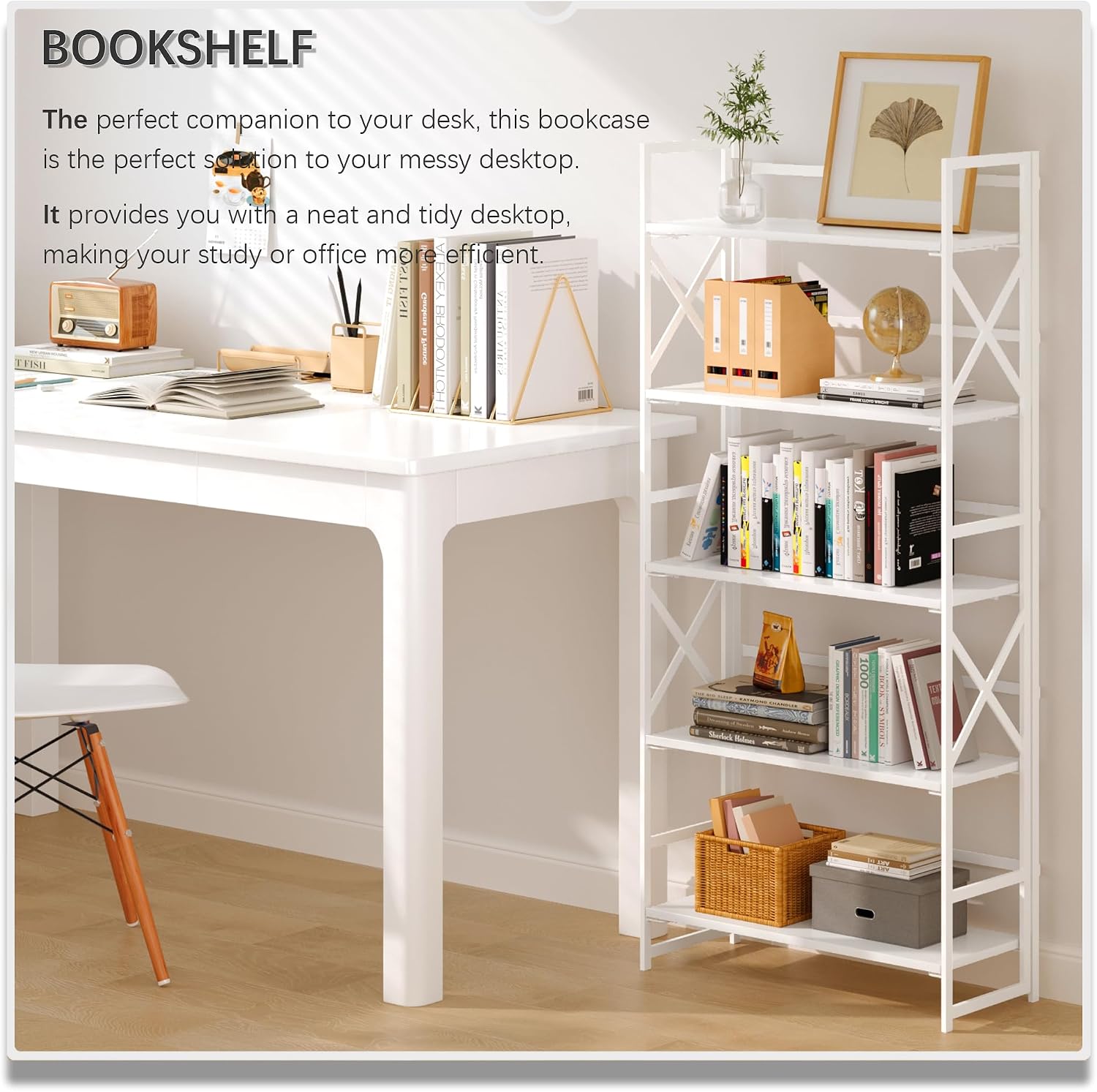 4NM 6 Tiers No Assembly Book Shelves, 61.8' H Folding Bookshelf Bookcase Open Industrial Foldable Shelves for Bedroom, Living Room, Home Office - All White