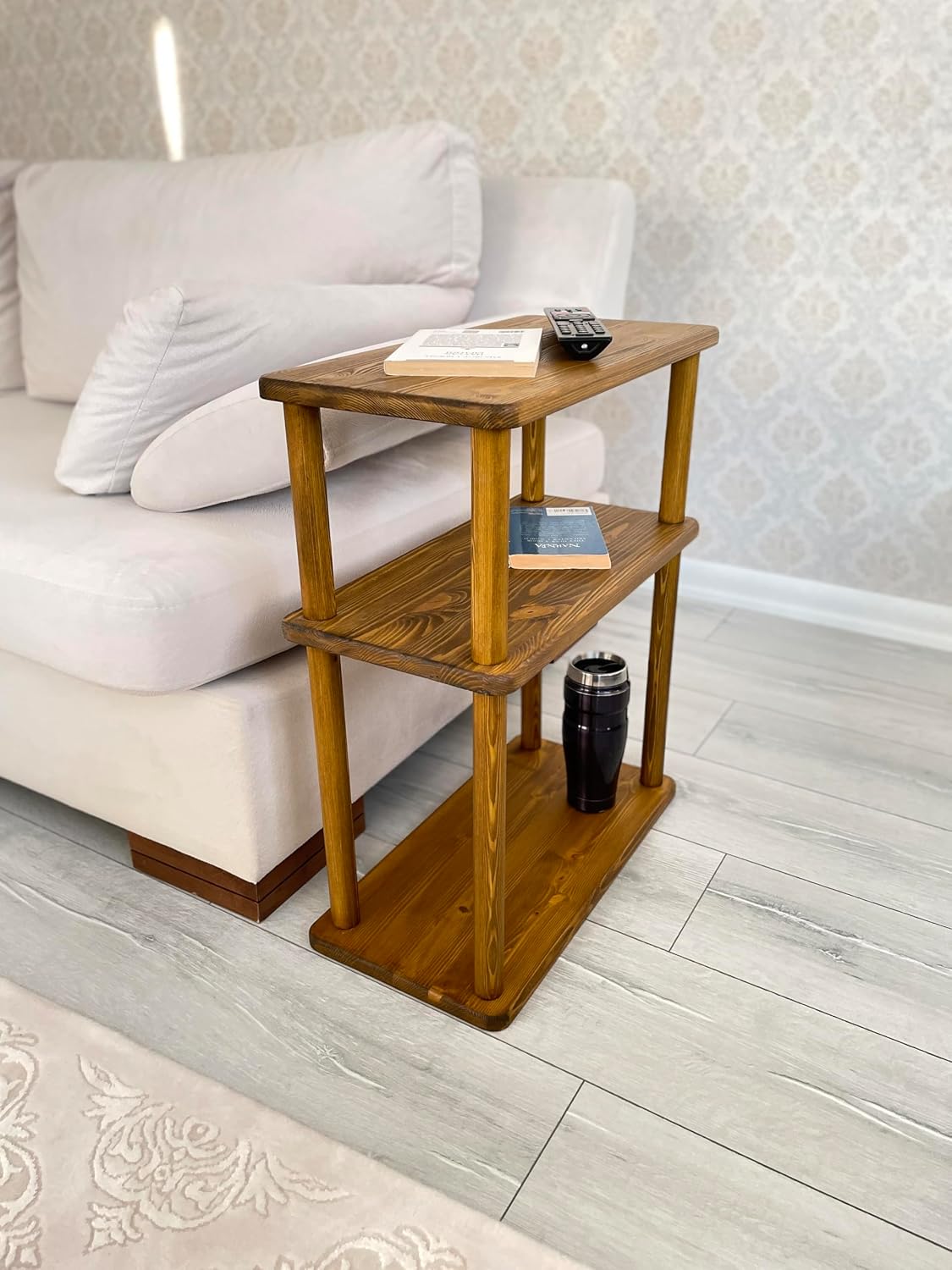 Handcrafted Solid 3-Tier Narrow Side Table, 10 Inch Pine Wood End Table for Living Room with Storage, Slim Bedside Table for Small Spaces, Nursery, Bedroom, Office (Chestnut, Low)