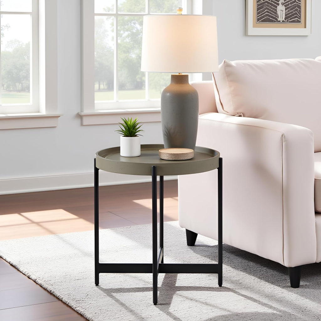 Brookline 20-Inch Round Wood End Table with Concrete Coating and Powder-Coated Iron Legs – Tray Style Top Home Accent for Living Room, Bedroom or Office by Alaterre Furniture (Gray)